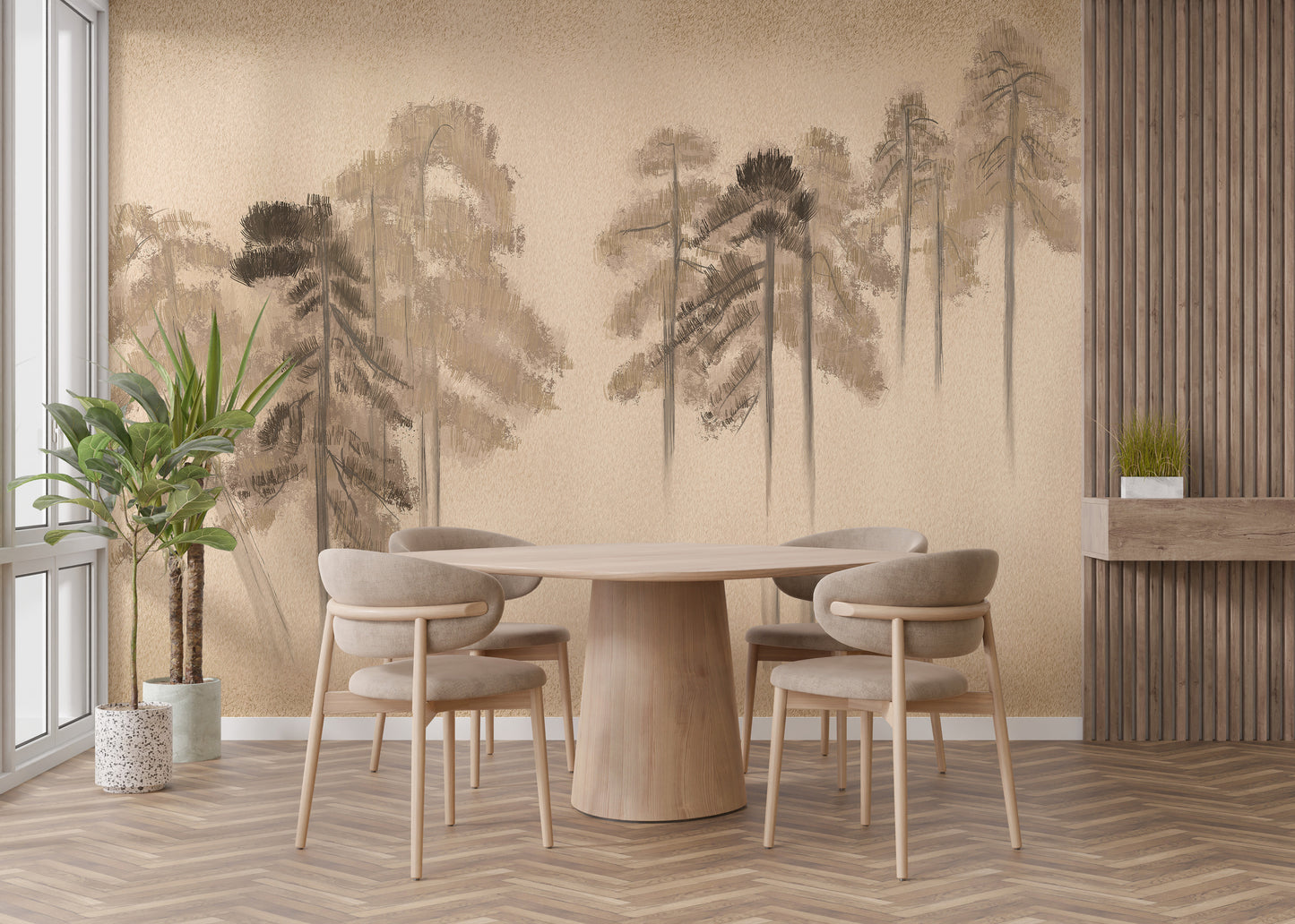 Elegant pine grove mural for cozy rooms
