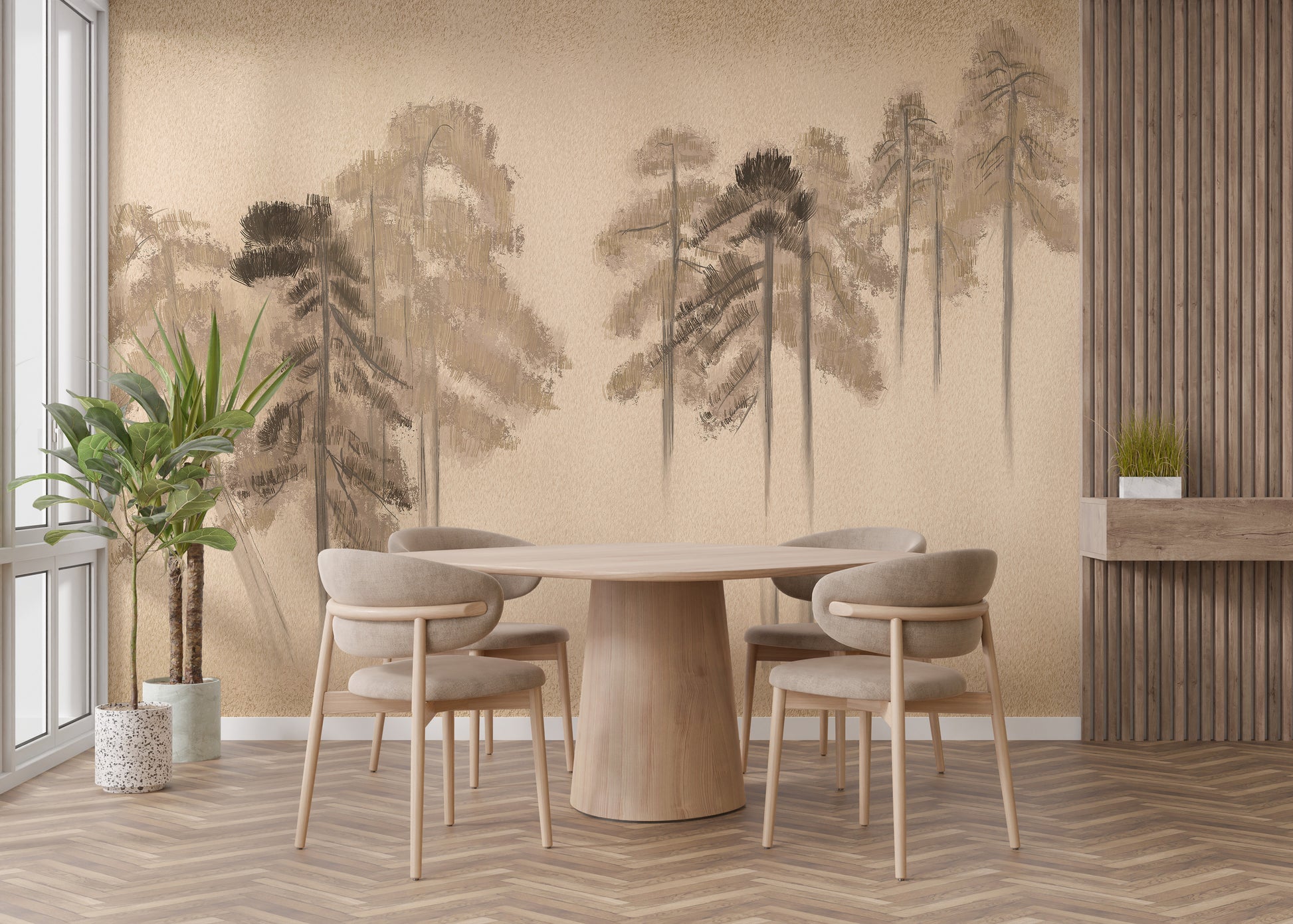 Elegant pine grove mural for cozy rooms
