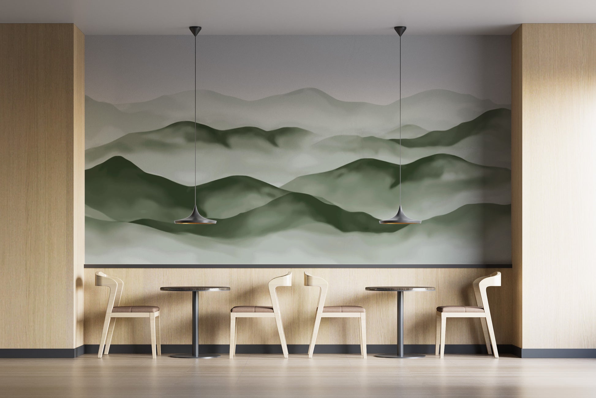 Green misty mountain mural for nature-inspired interiors
