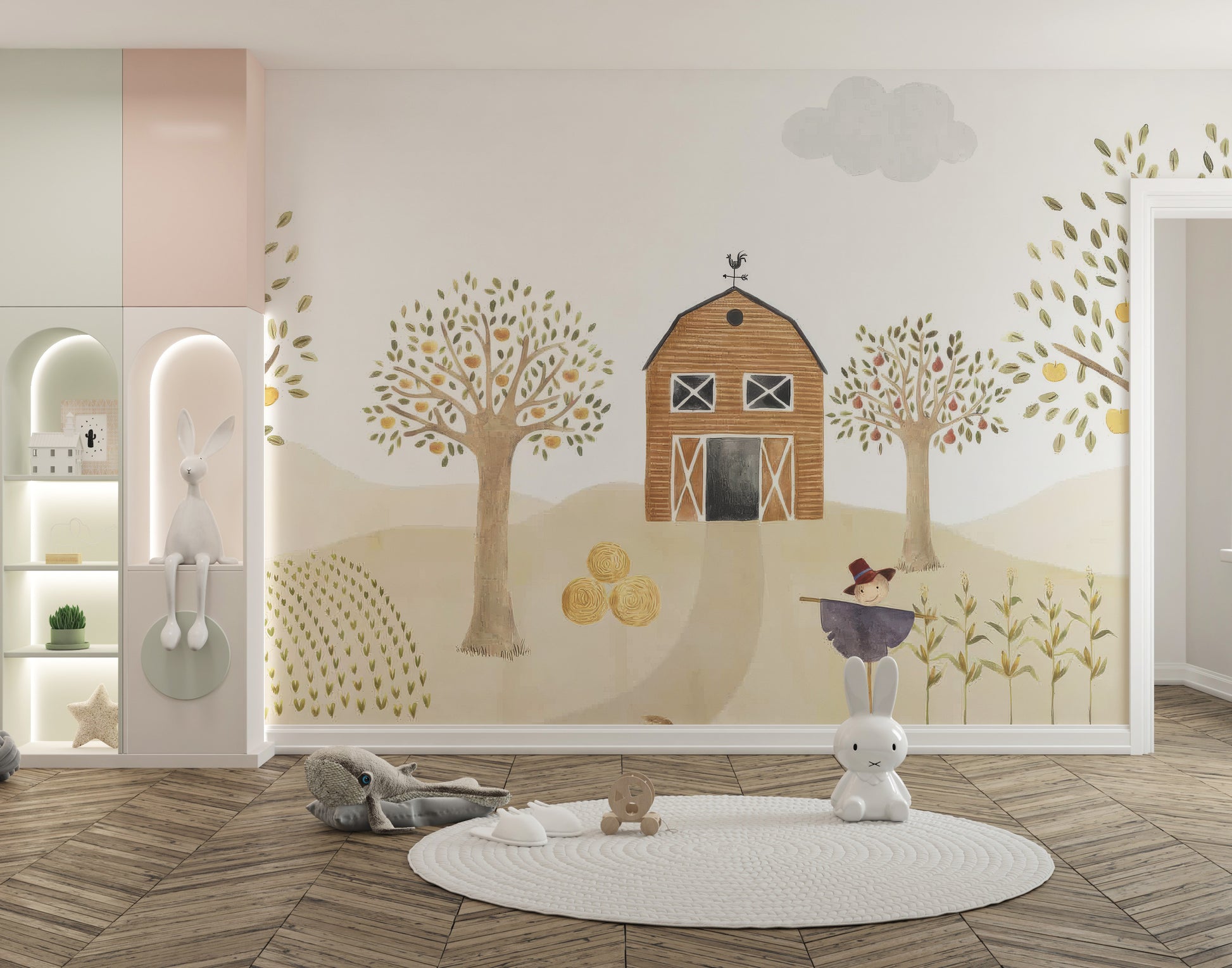 Peel and stick rustic farmhouse mural for kids' walls