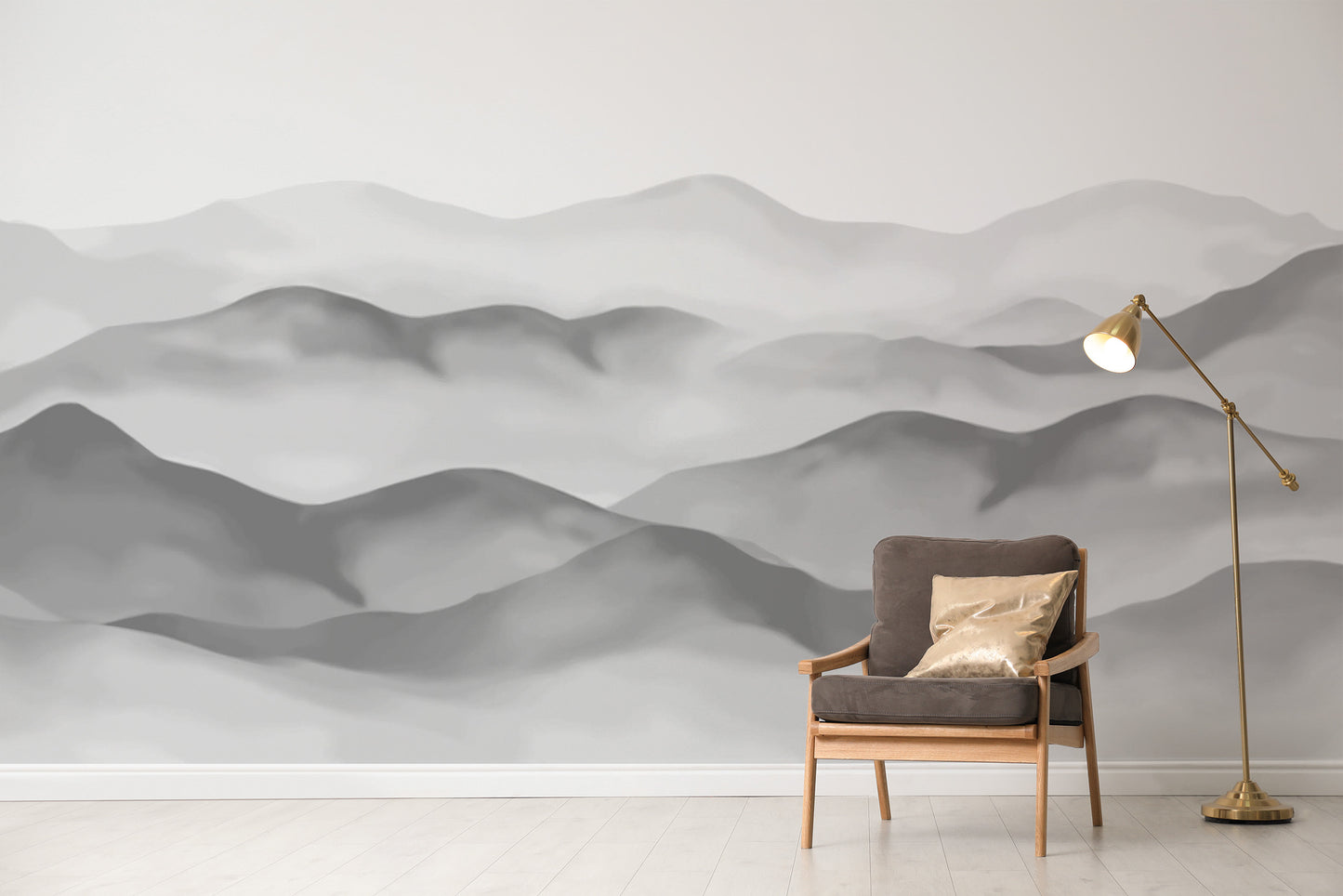 Gentle gray watercolor mountain mural for calming rooms
