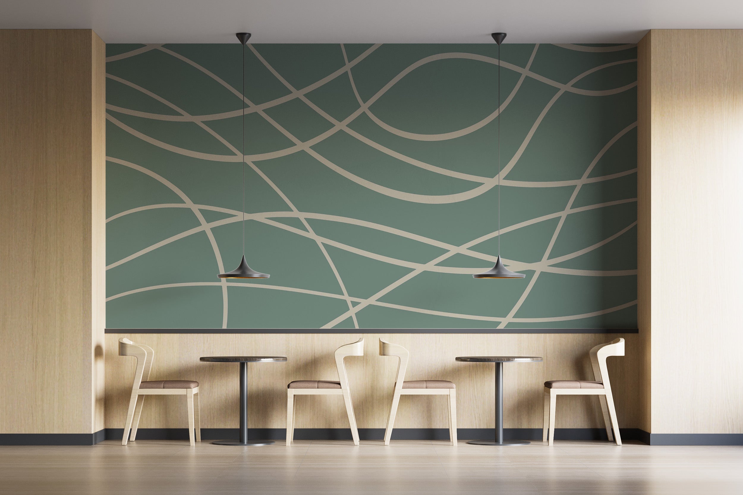 Green abstract line wall mural for dynamic room designs
