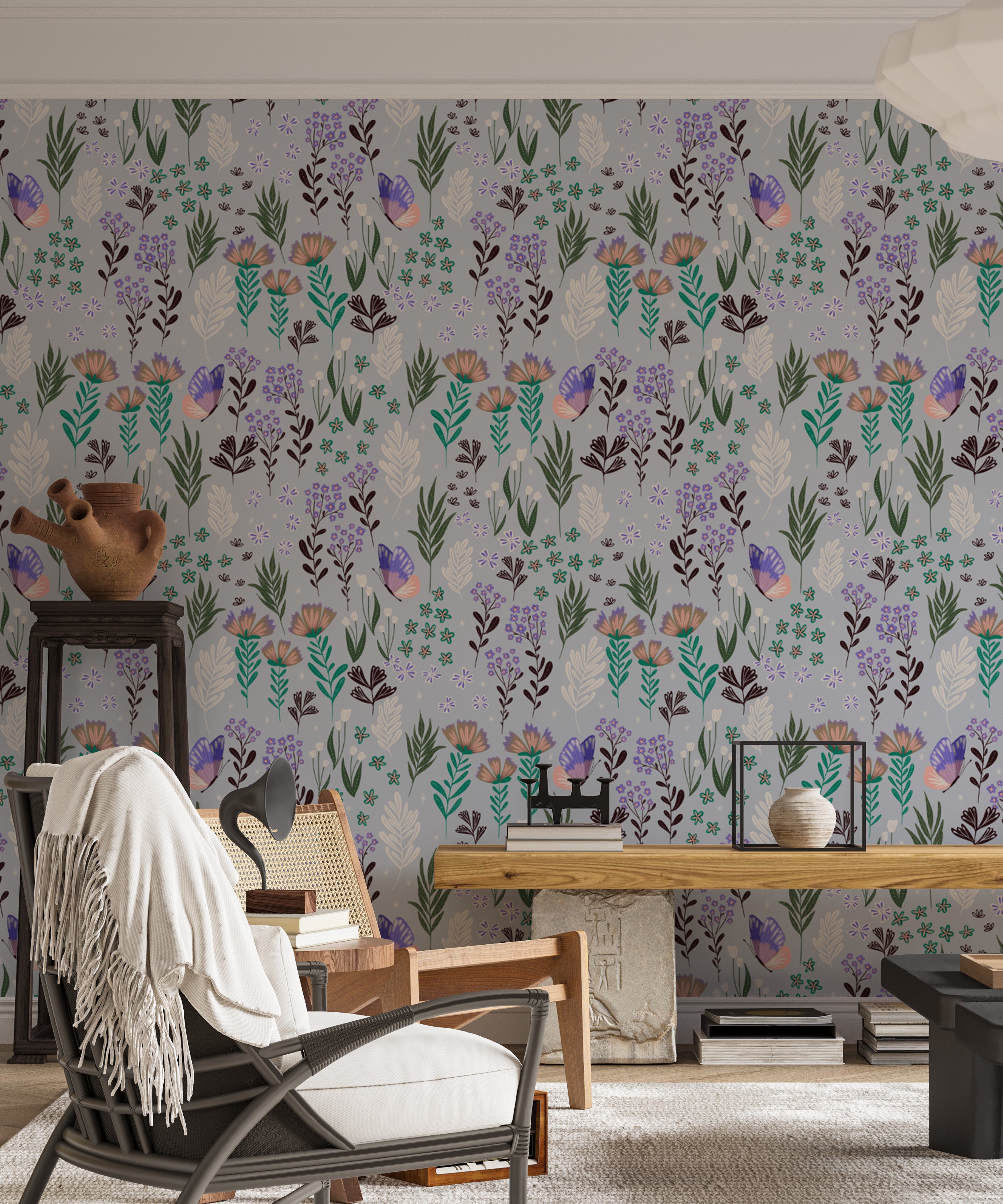 Nature-inspired purple wallpaper with butterfly meadow details
