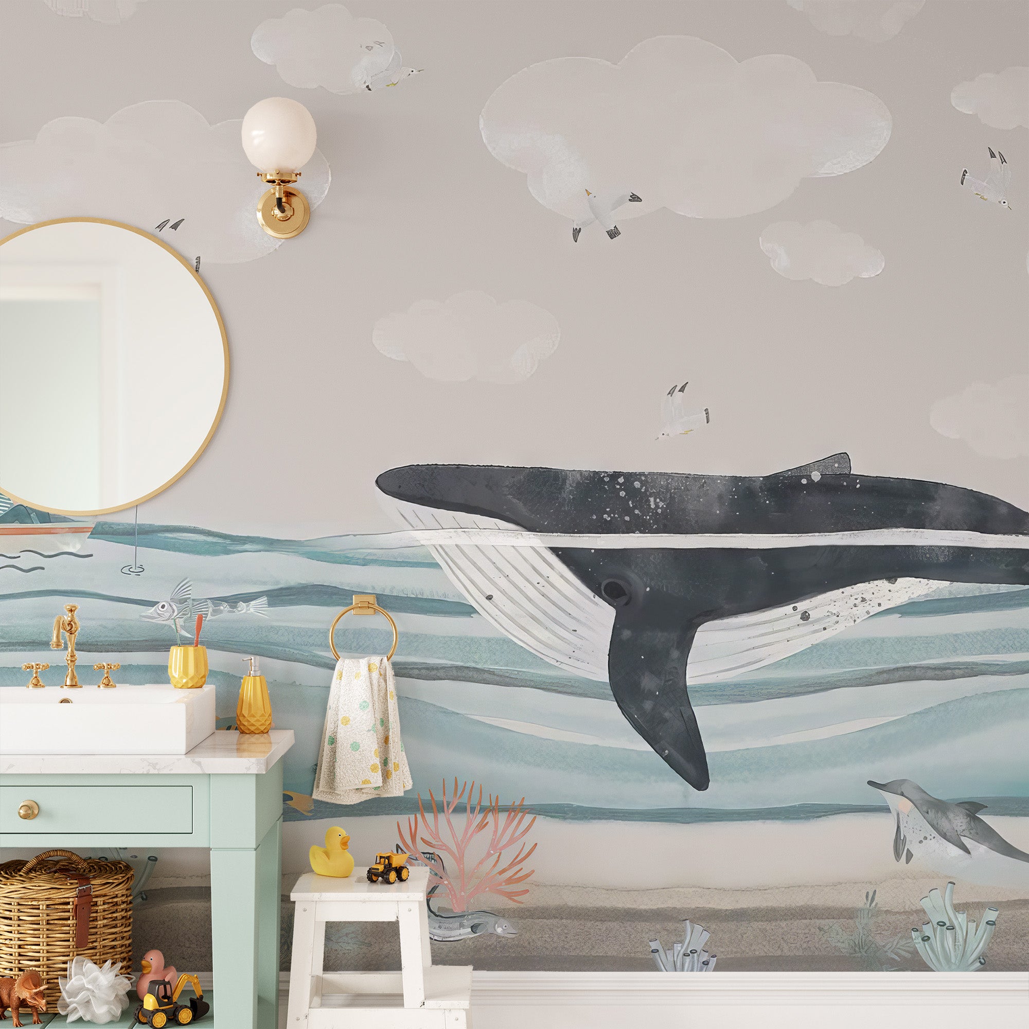 Dreamy whale mural for kids, showcasing a big whale in a peaceful ocean
