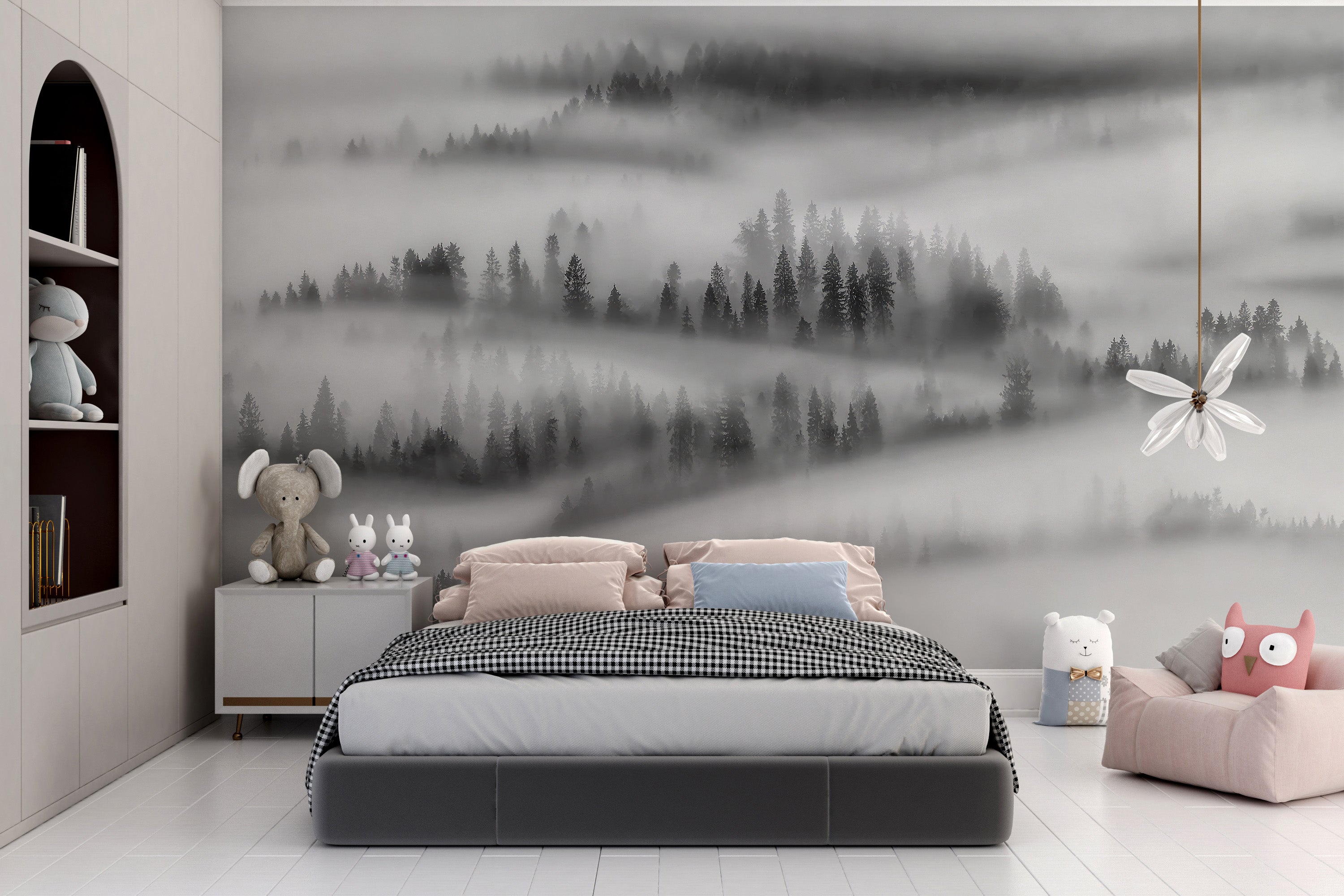 Removable monochrome forest wallpaper for interiors