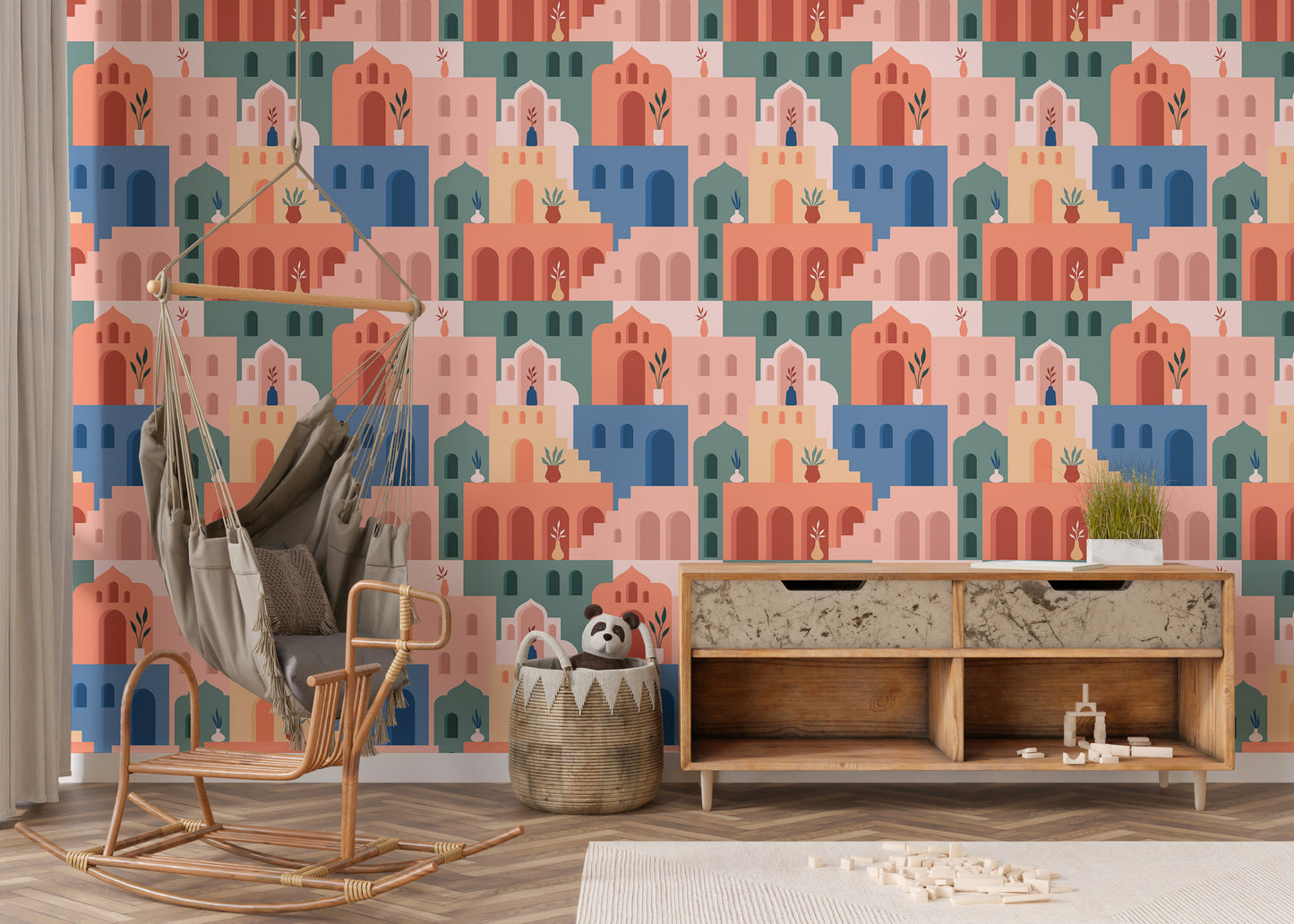 Colorful Boho Moroccan streetscape wallpaper design.