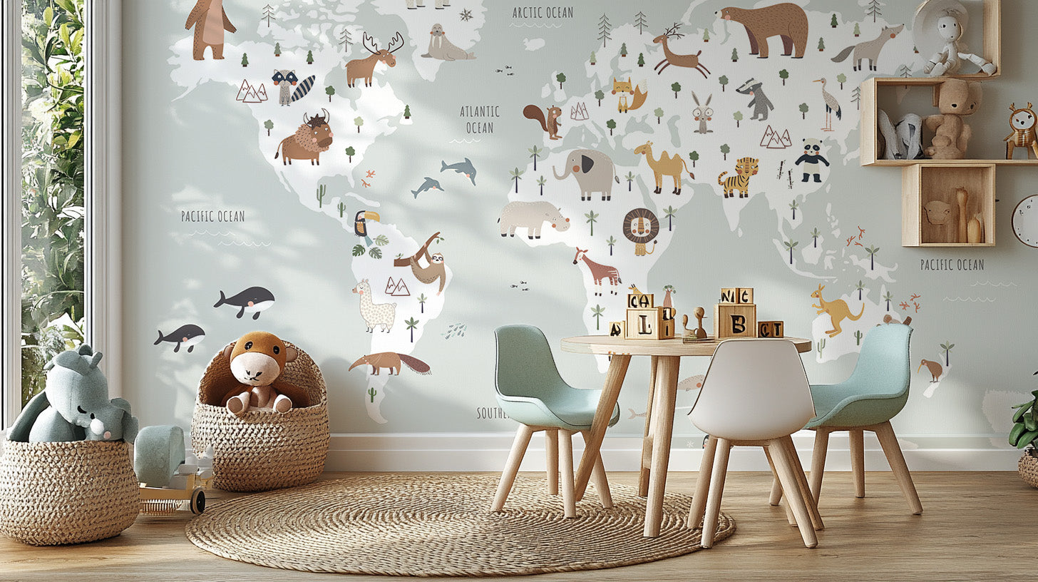 Large-scale world map wallpaper with colorful animal icons
