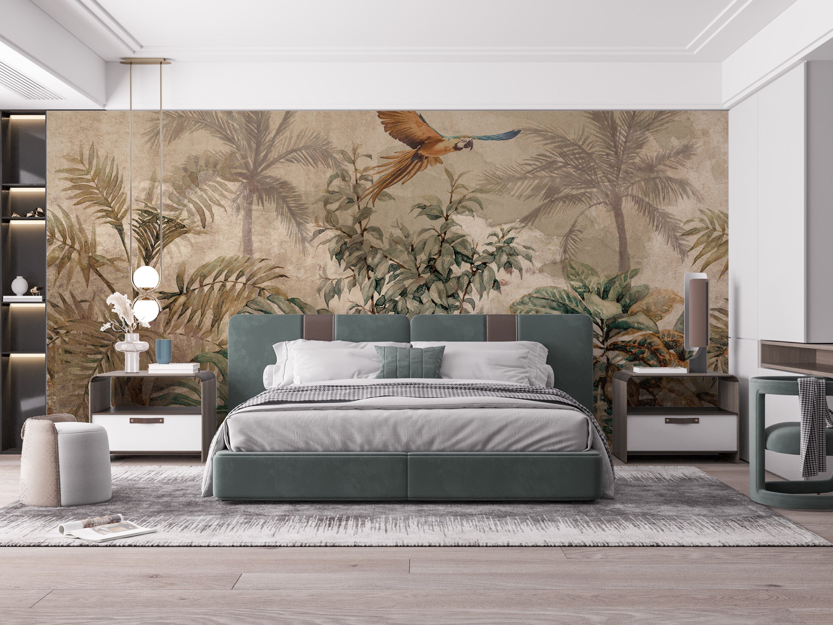 Tropical foliage mural in vintage tones.
