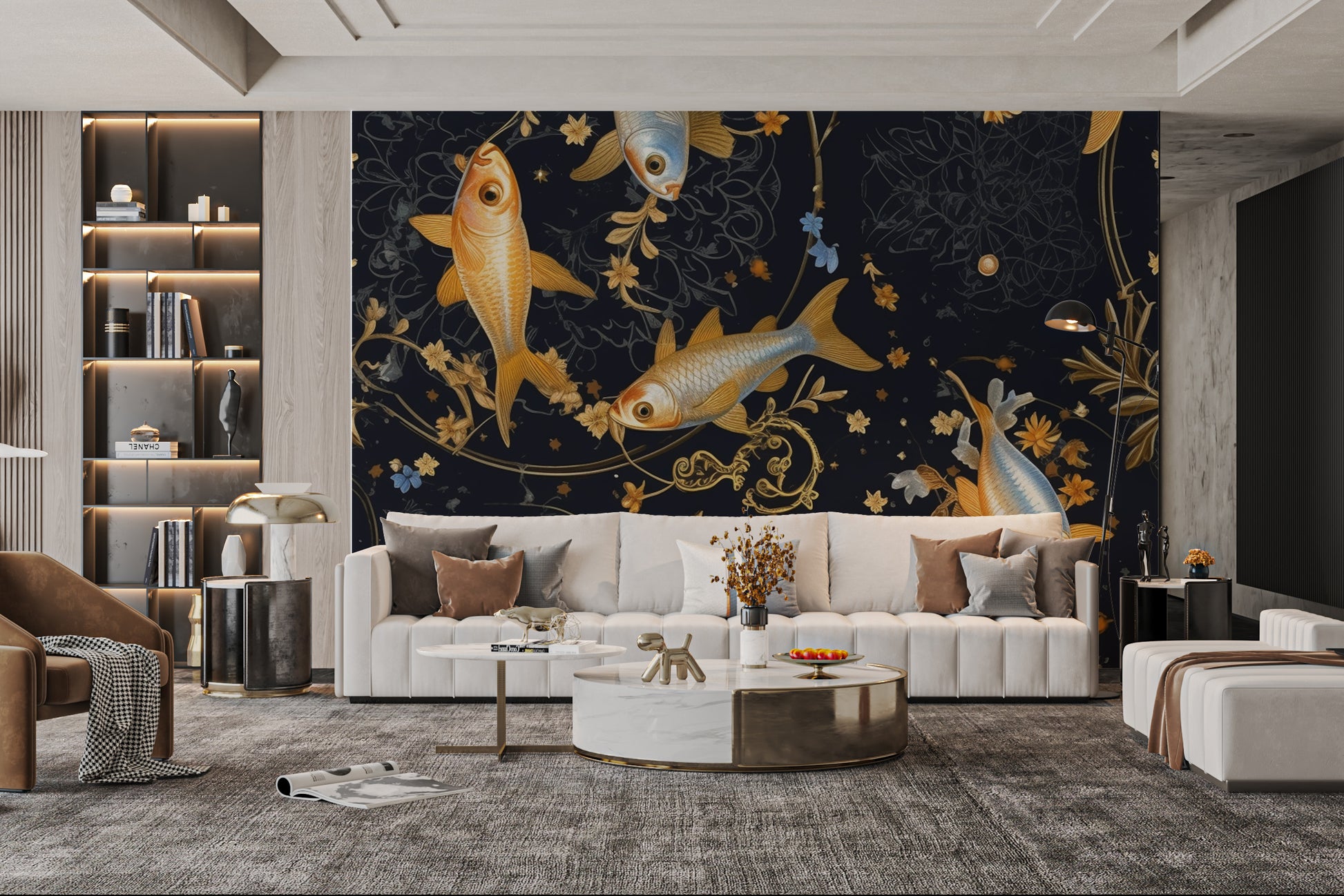 Stylish goldfish wallpaper with decorative elements