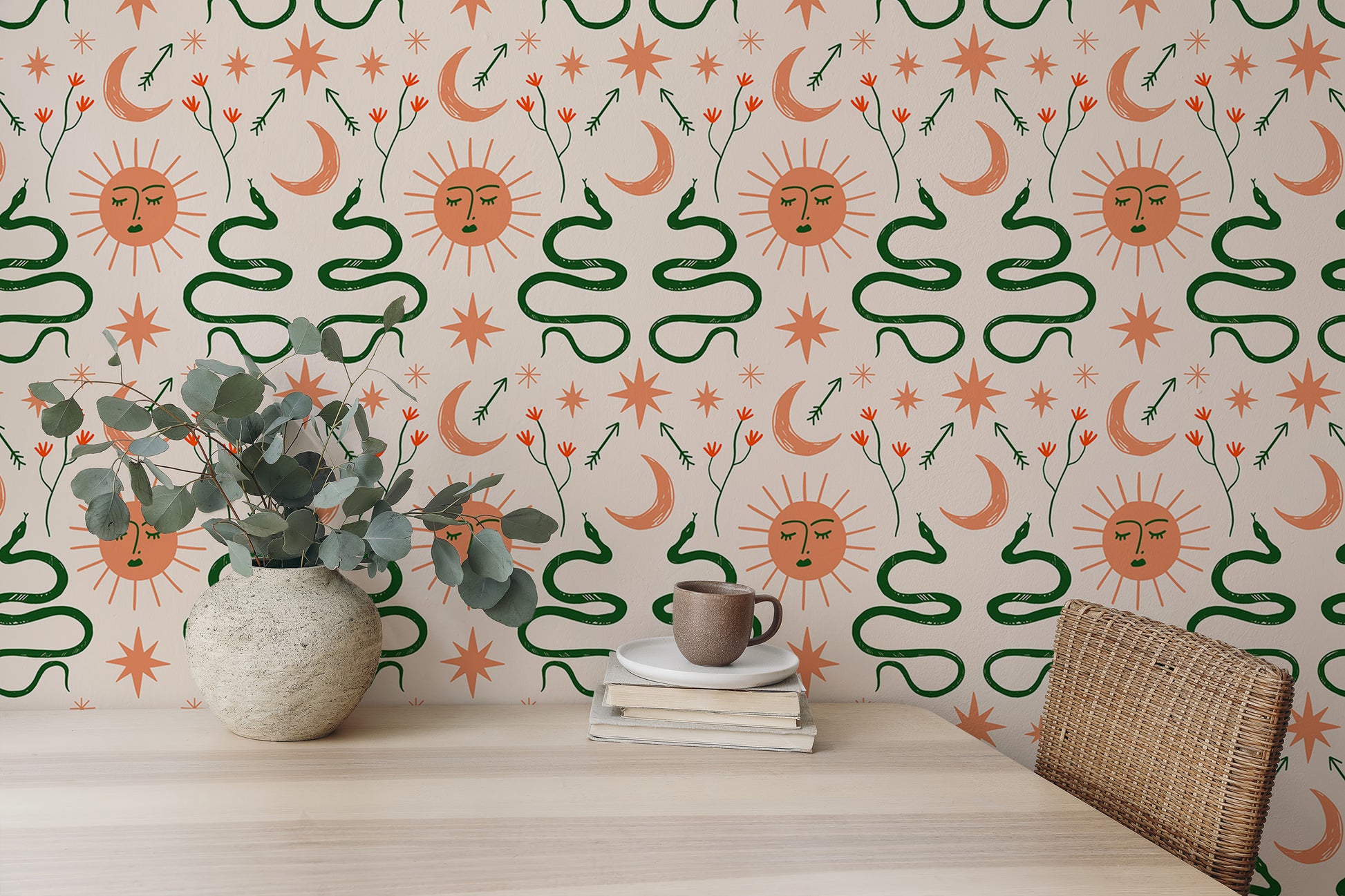 Moon, sun, and snakes in Boho wallpaper for interiors.