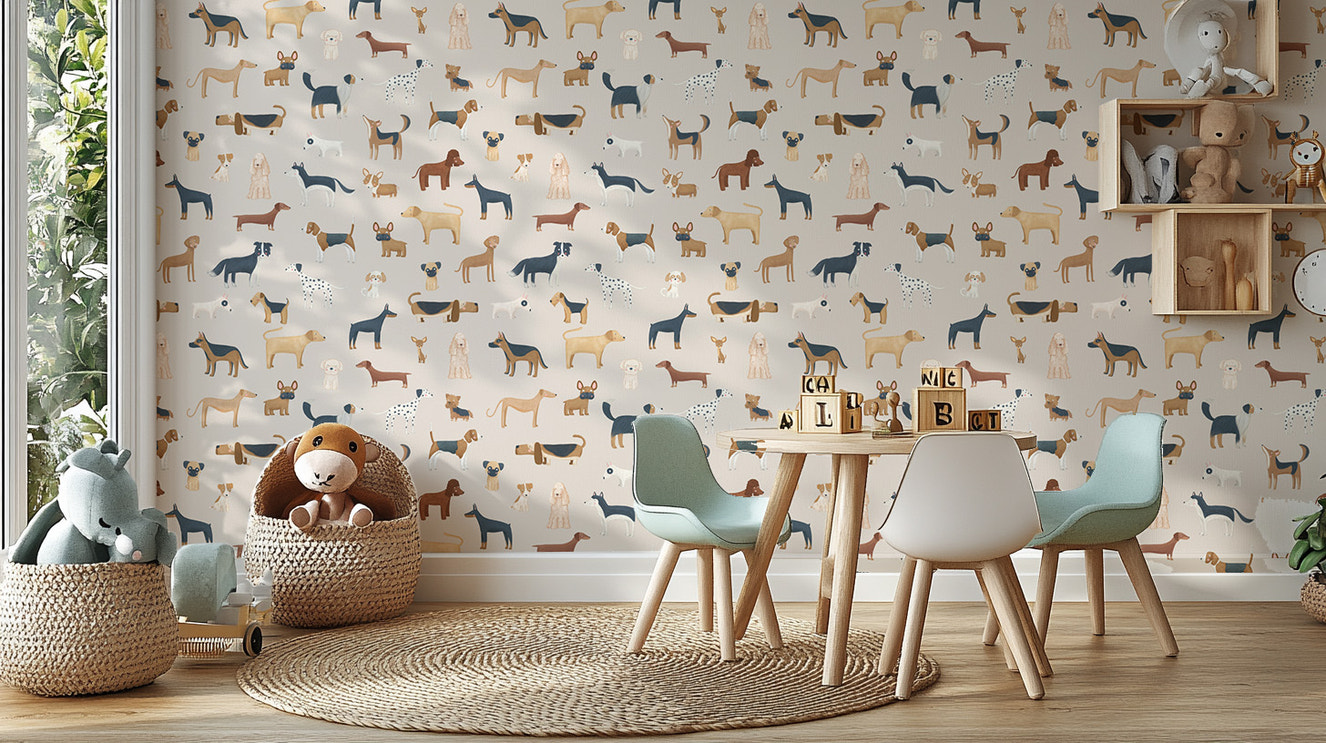 Beige wallpaper featuring a variety of dog breeds
