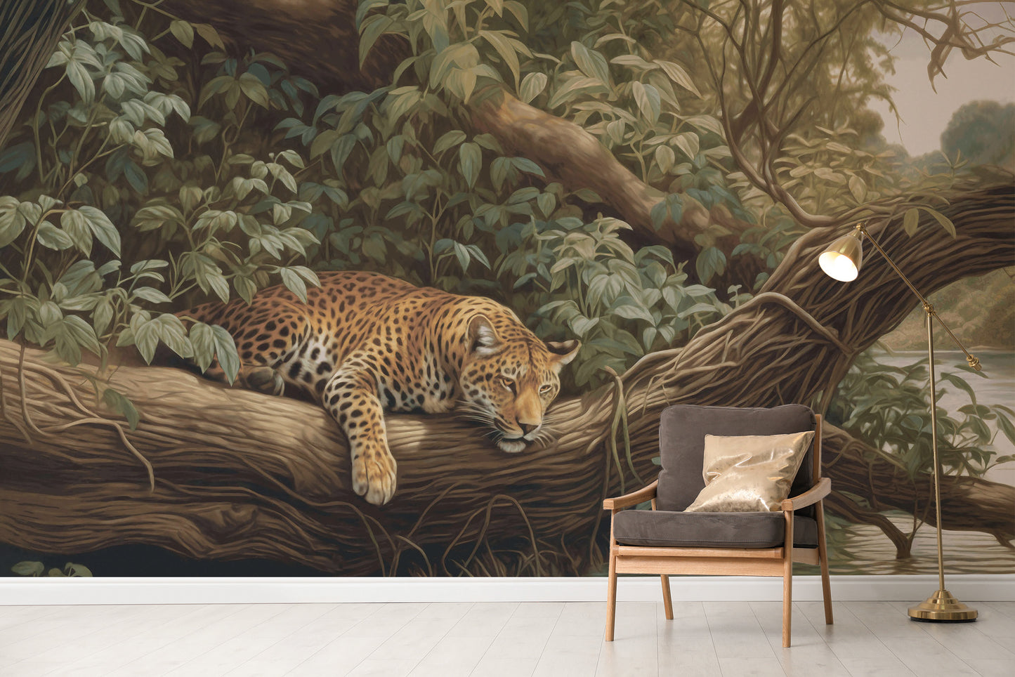 Lush jungle mural with leopard for bold wall decor
