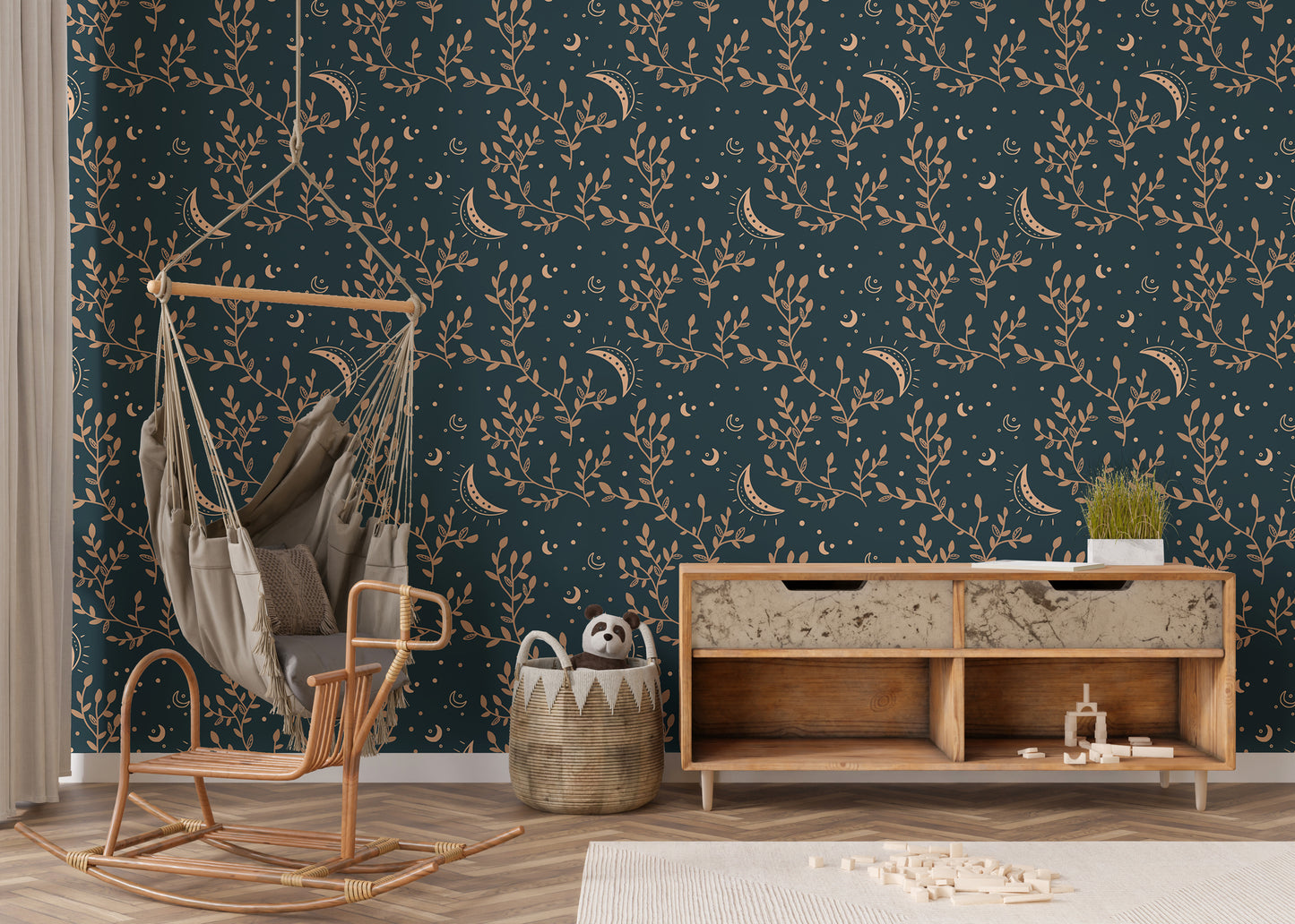 Mystical floral wallpaper with crescent moon pattern.