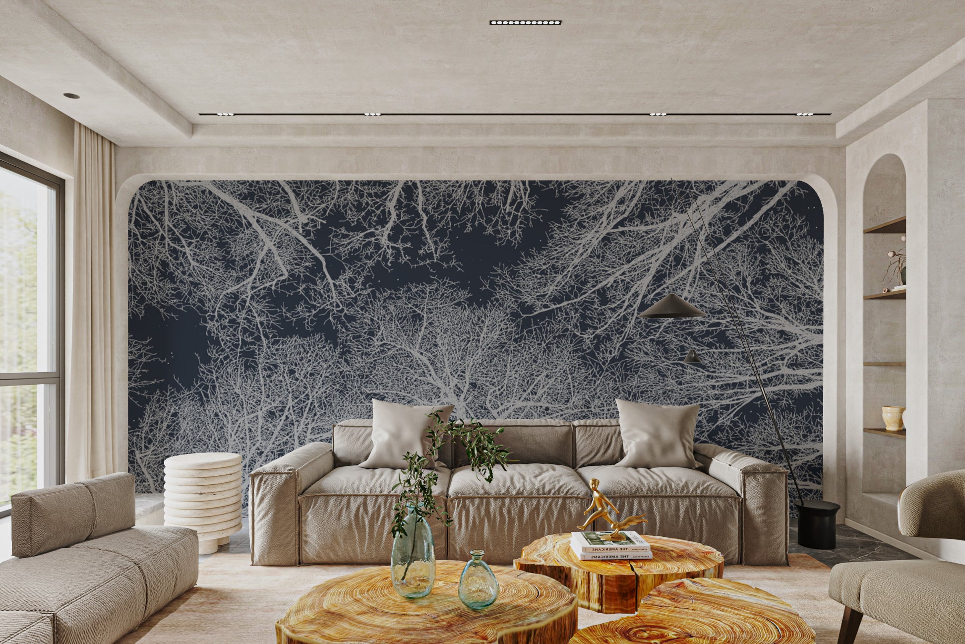 Contemporary mural with a detailed tree silhouette pattern