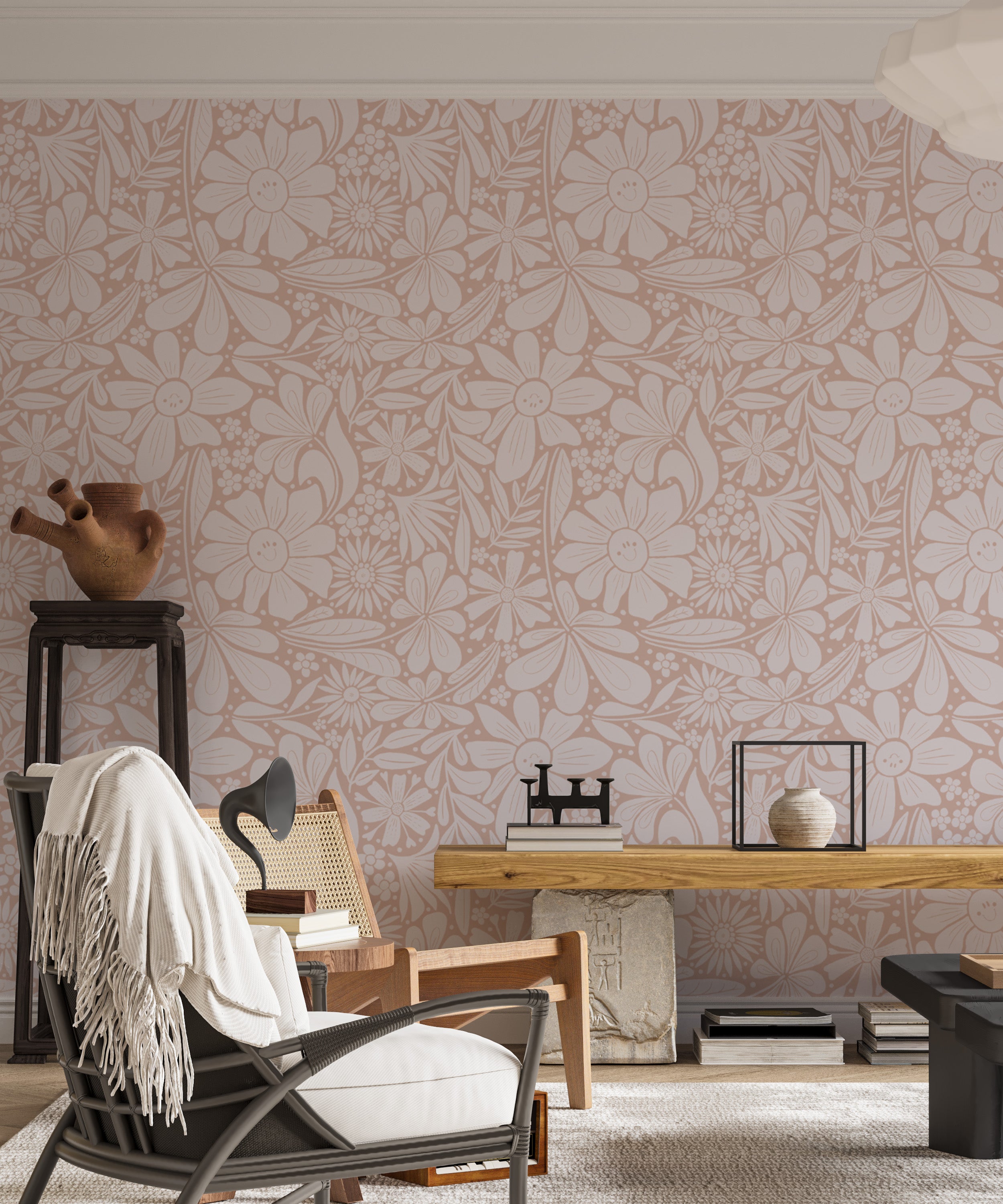 Decorative wallpaper featuring pastel pink happy blooms pattern
