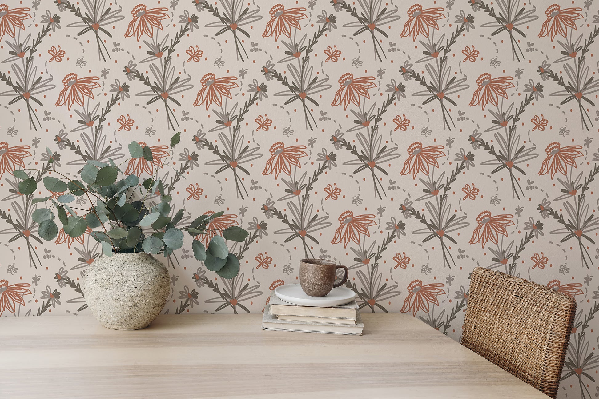 Stylish earthy tone Boho floral repeat wallpaper.