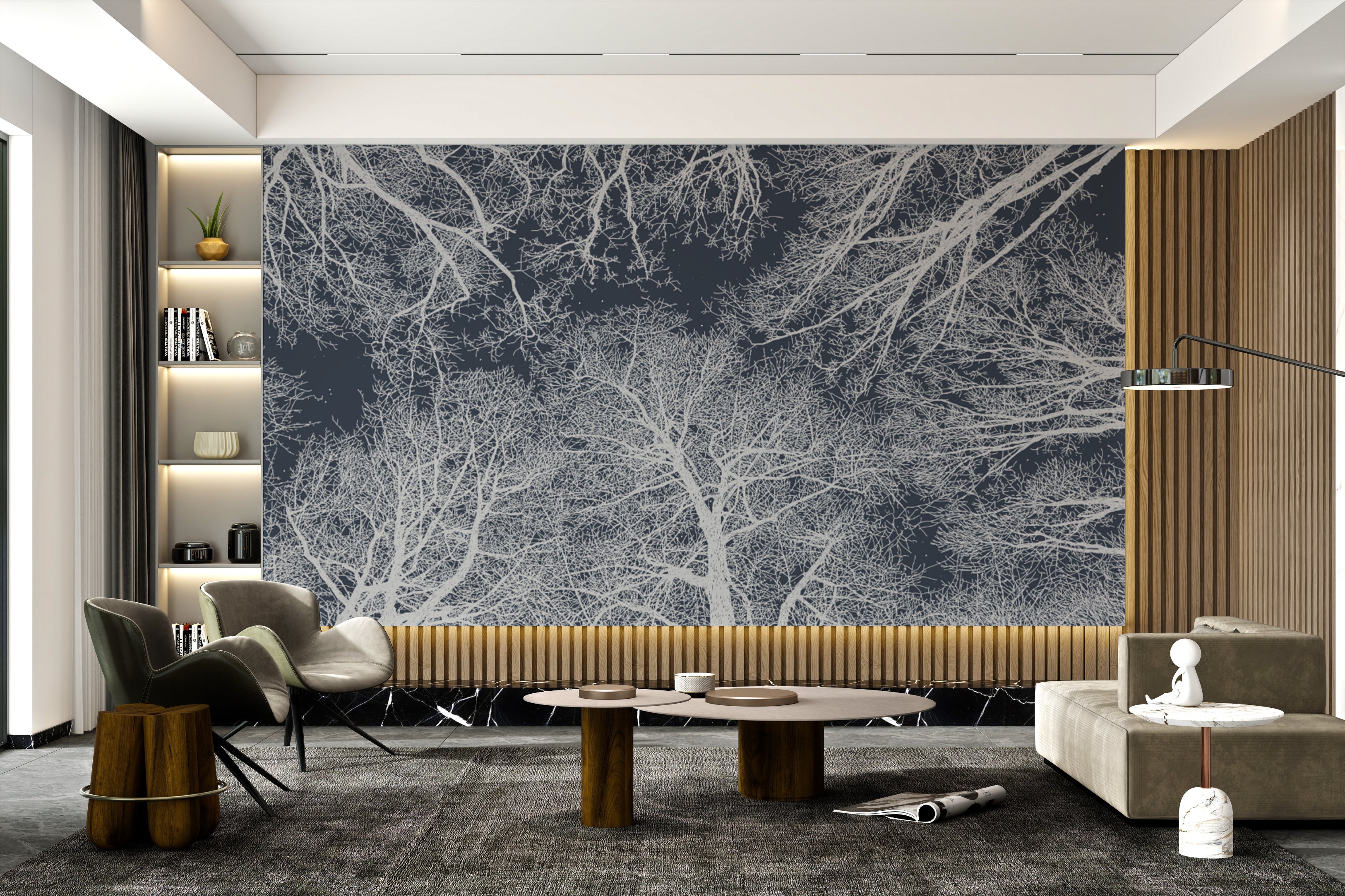 Wall mural featuring an intricate tree silhouette design