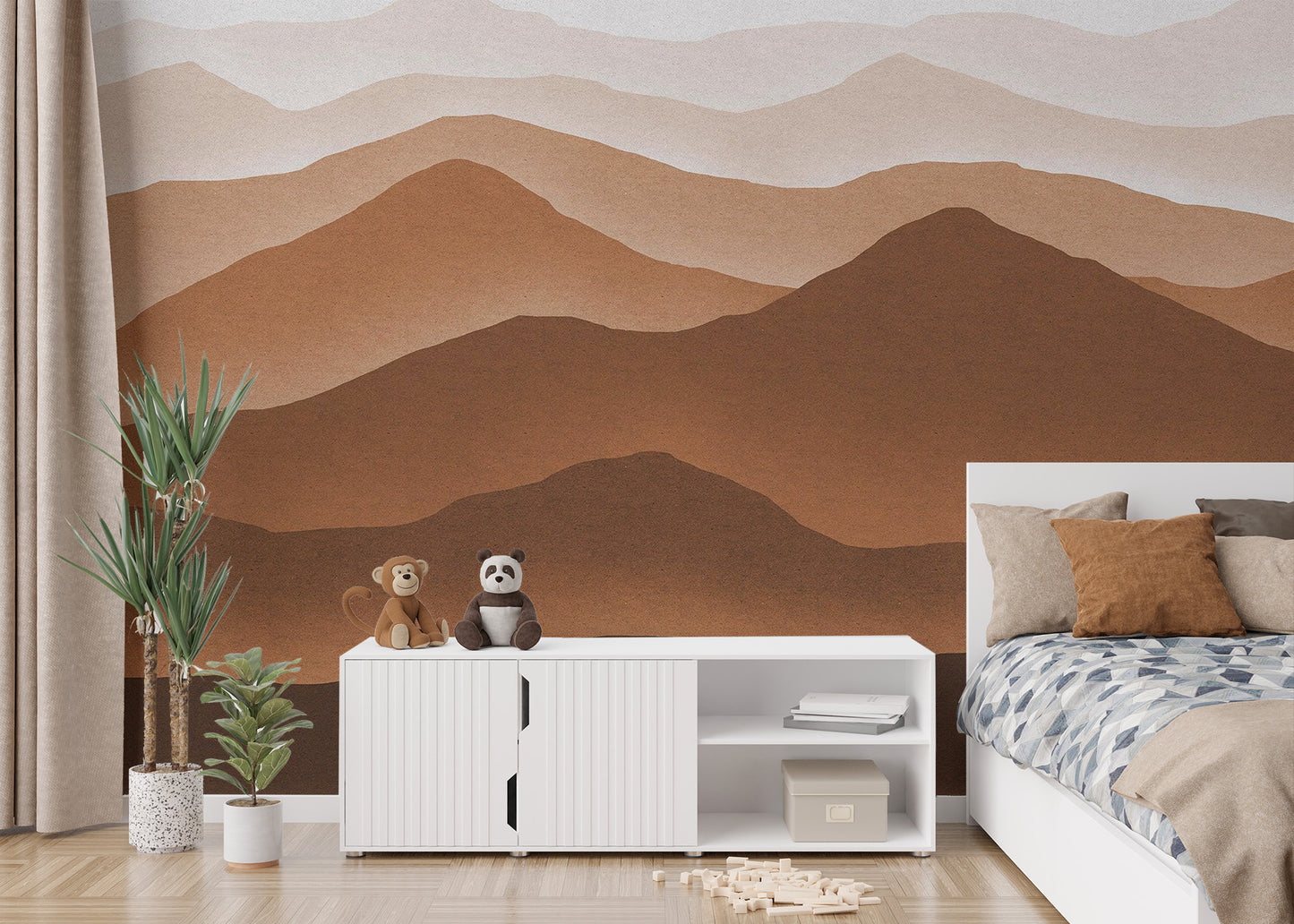 Elegant watercolor mountain mural in brown tones
