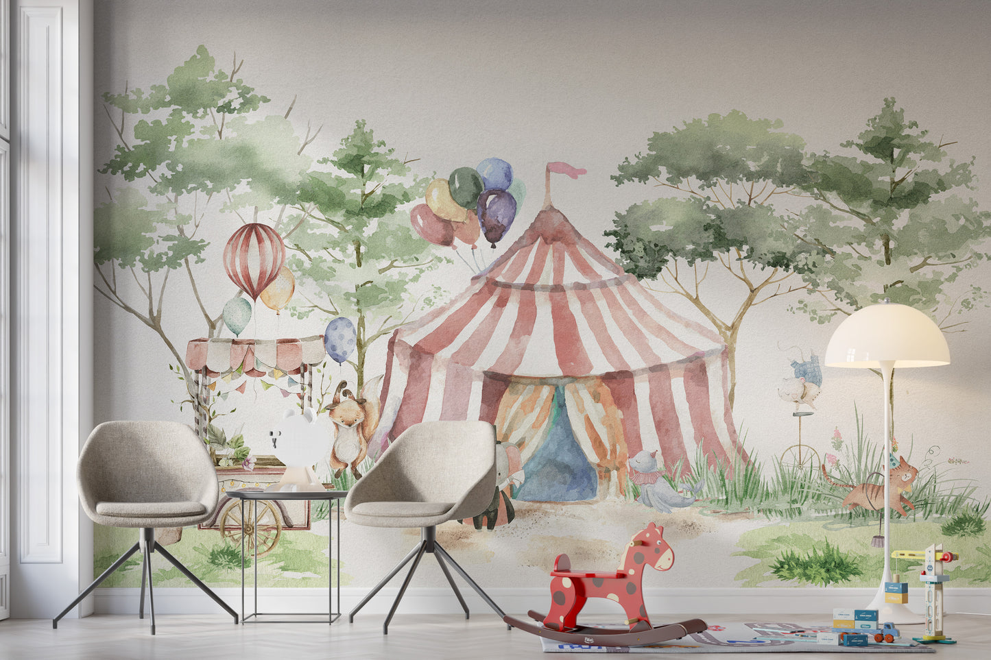 Circus tent wallpaper mural for playful kids' decor