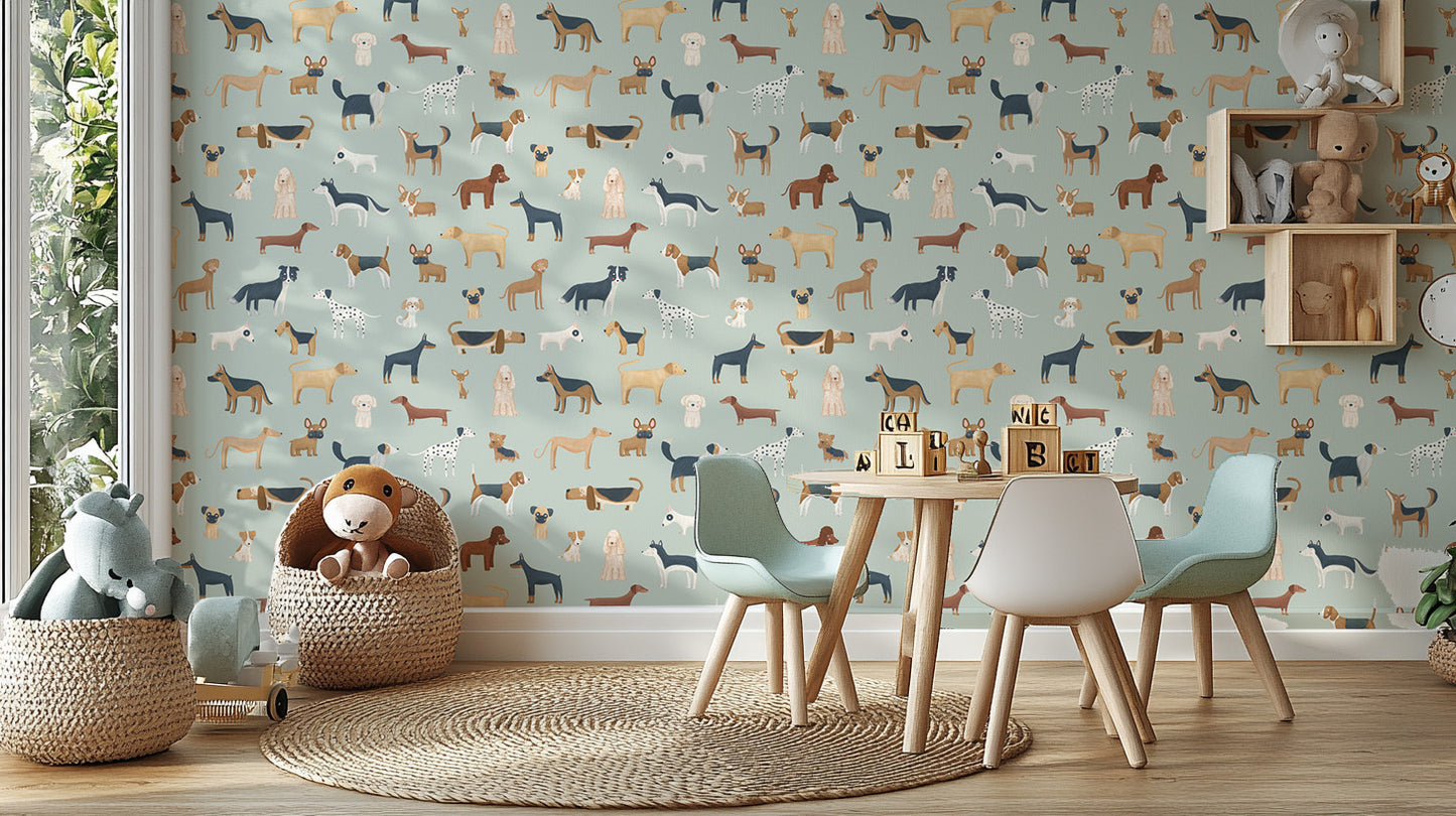 Mint green wallpaper featuring a variety of dog breeds