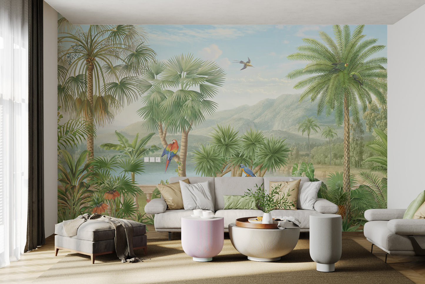 Jungle Paradise Mural with Exotic Birds