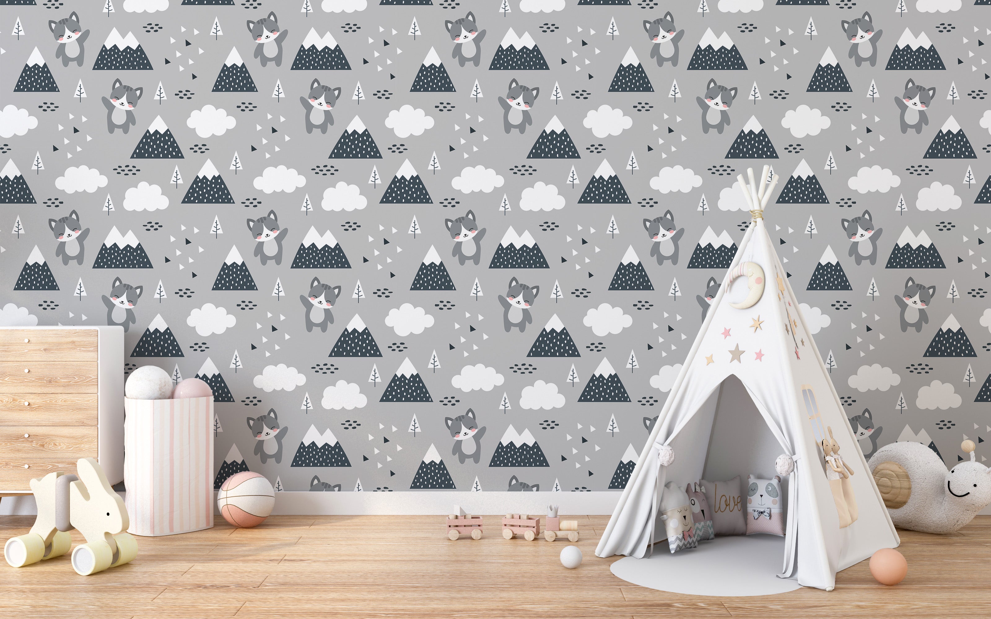 Scandinavian cat wallpaper mural art
