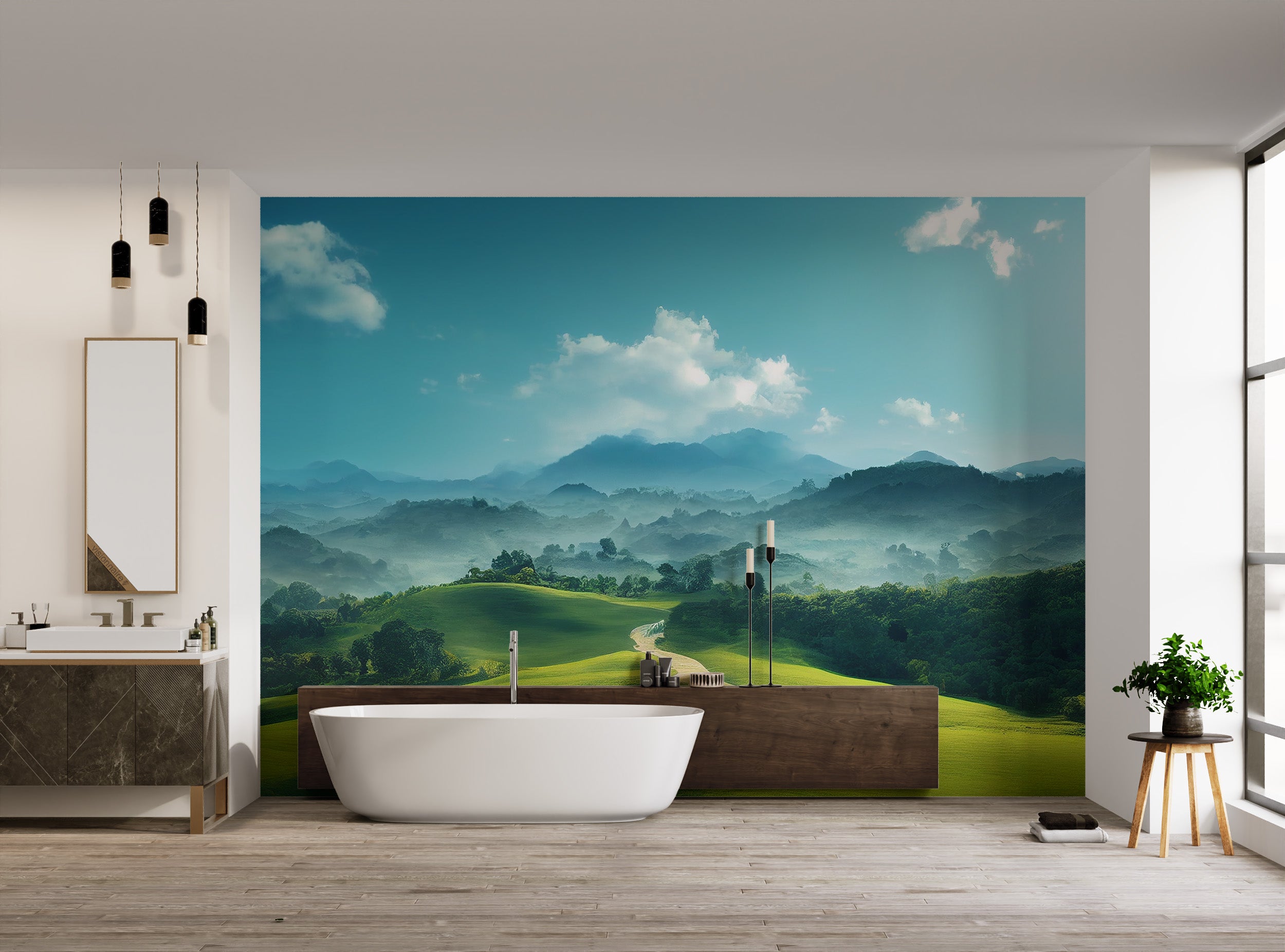 Dreamy landscape wallpaper with misty mountain backdrop
