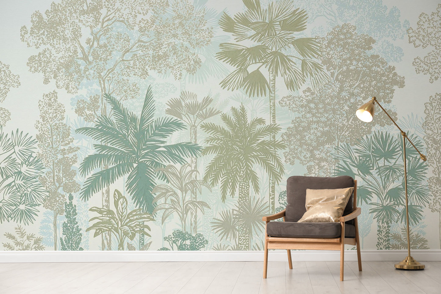 Pastel-toned botanical jungle wallpaper for serene spaces
