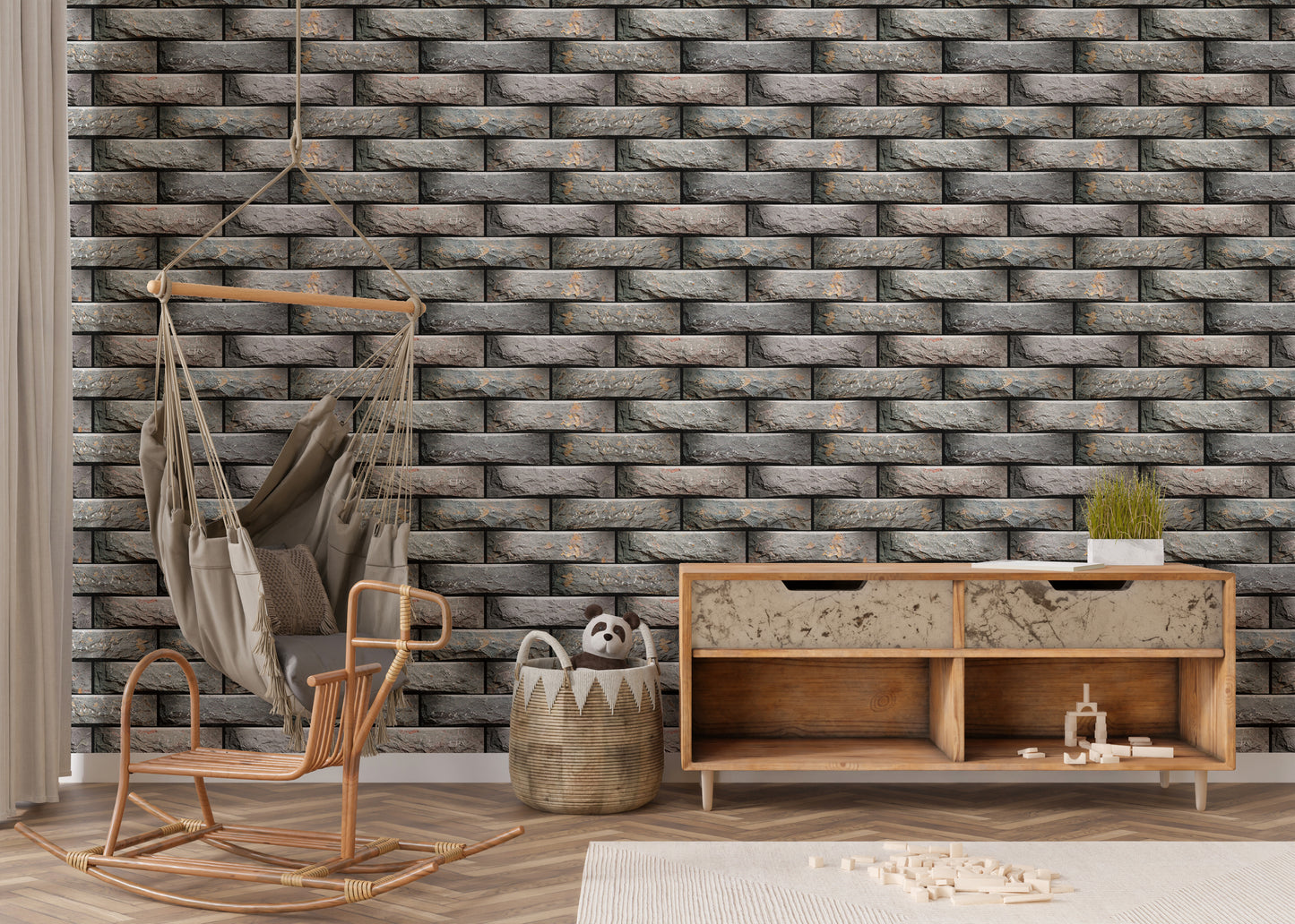 Elevation-style wall tiles with geometric patterns.