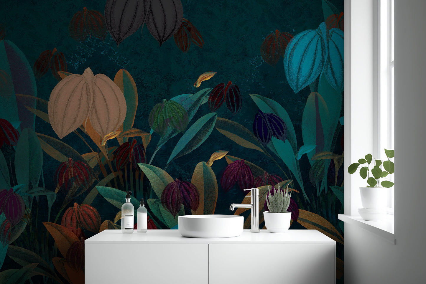 Bold botanical garden wall mural with vivid plant life.
