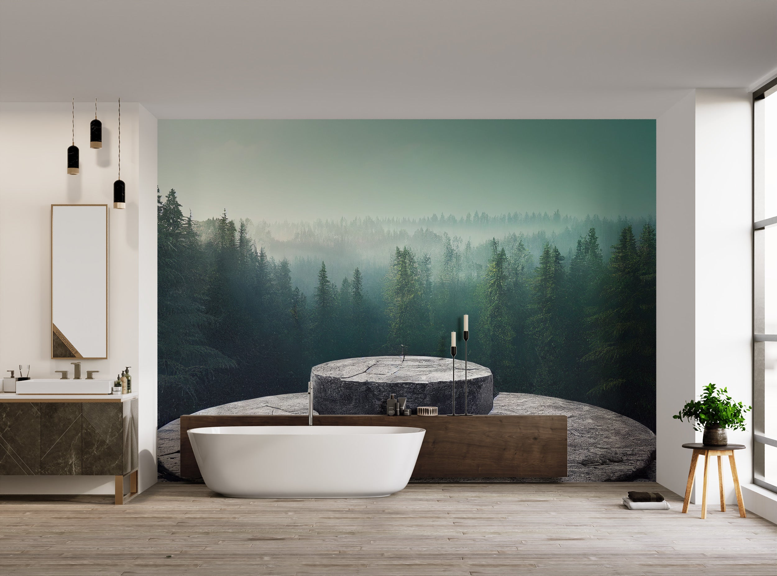 Foggy forest with stone podium wall mural
