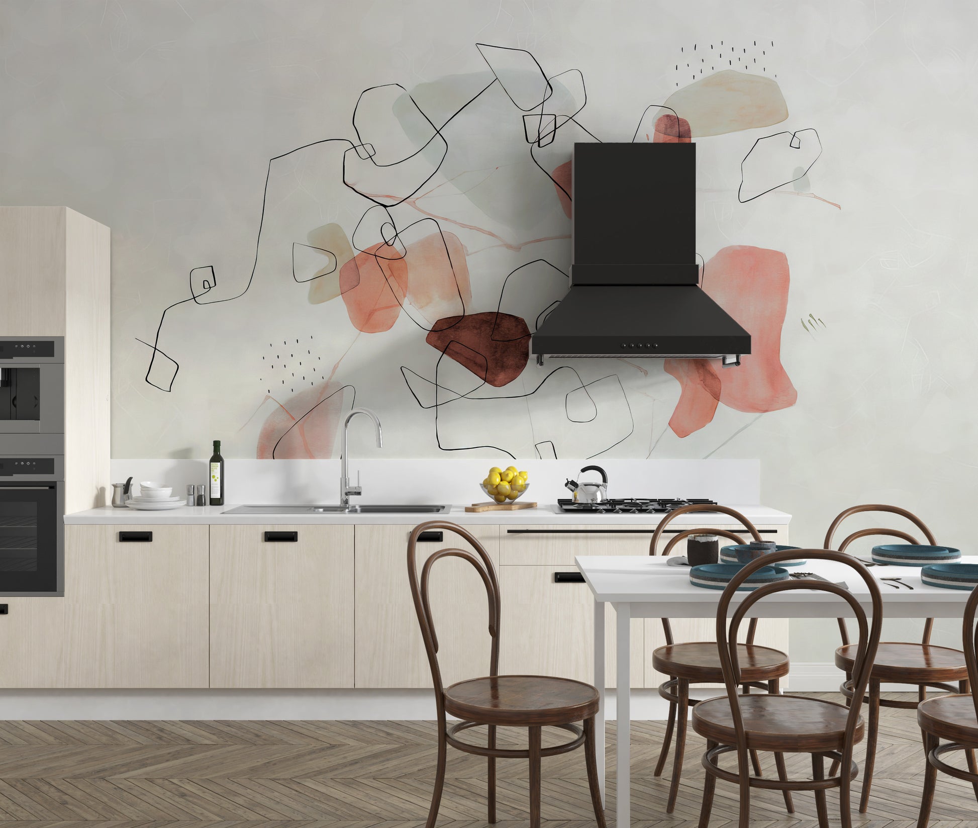 Self-adhesive pink abstract mural for contemporary spaces