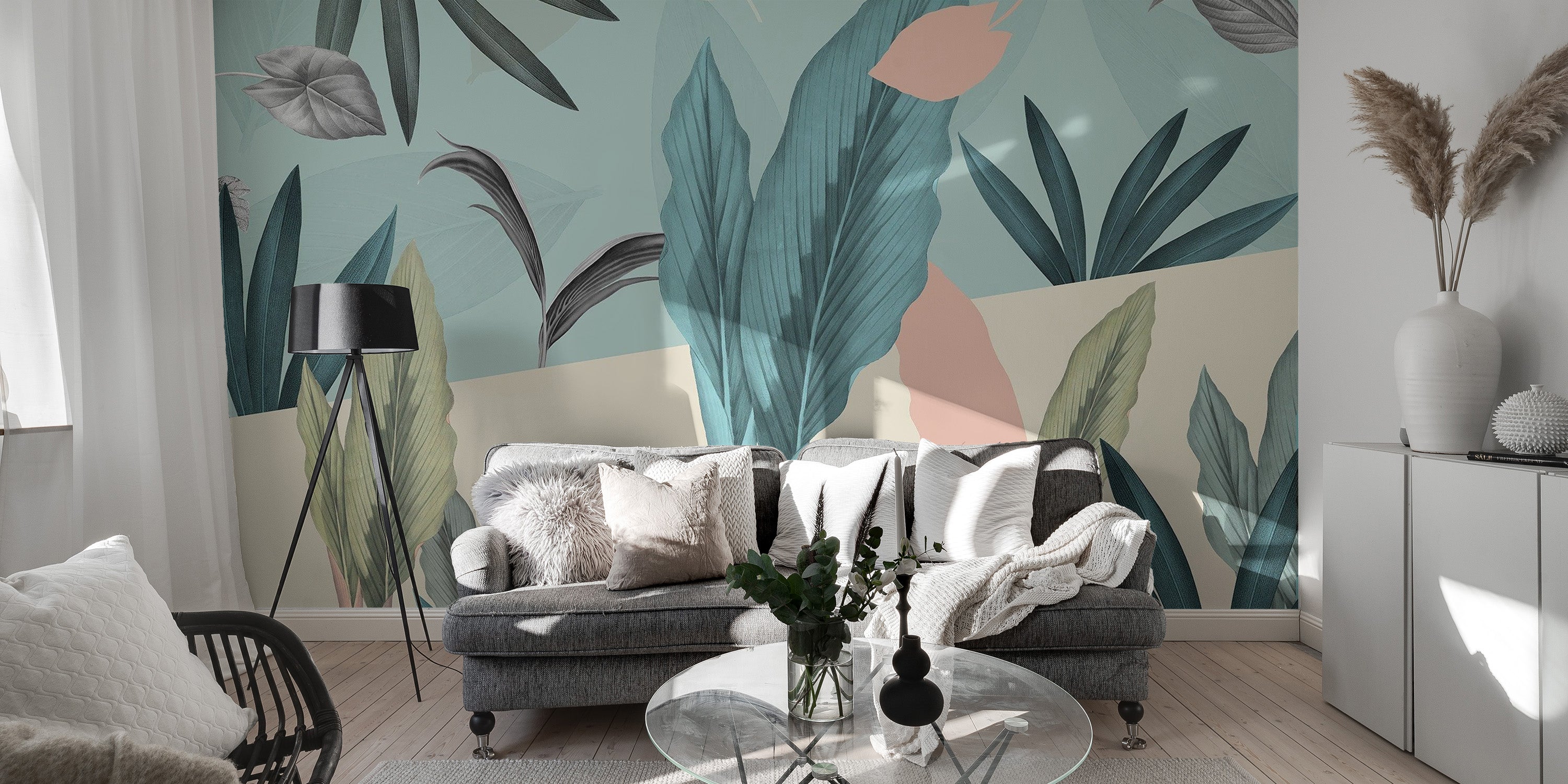 Lush tropical leaves wallpaper in shades of green
