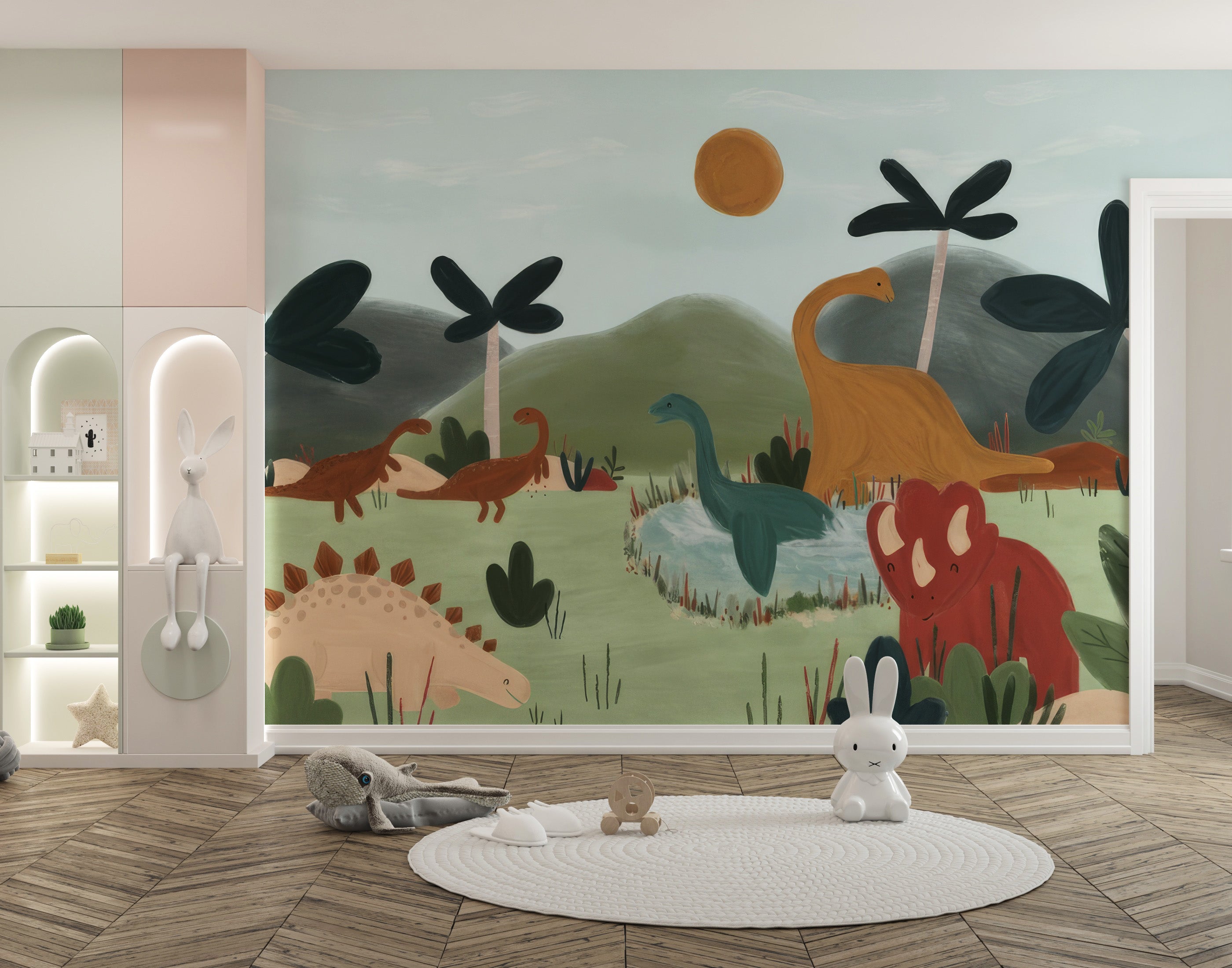 Watercolor dinosaur wall mural for playful kids' decor