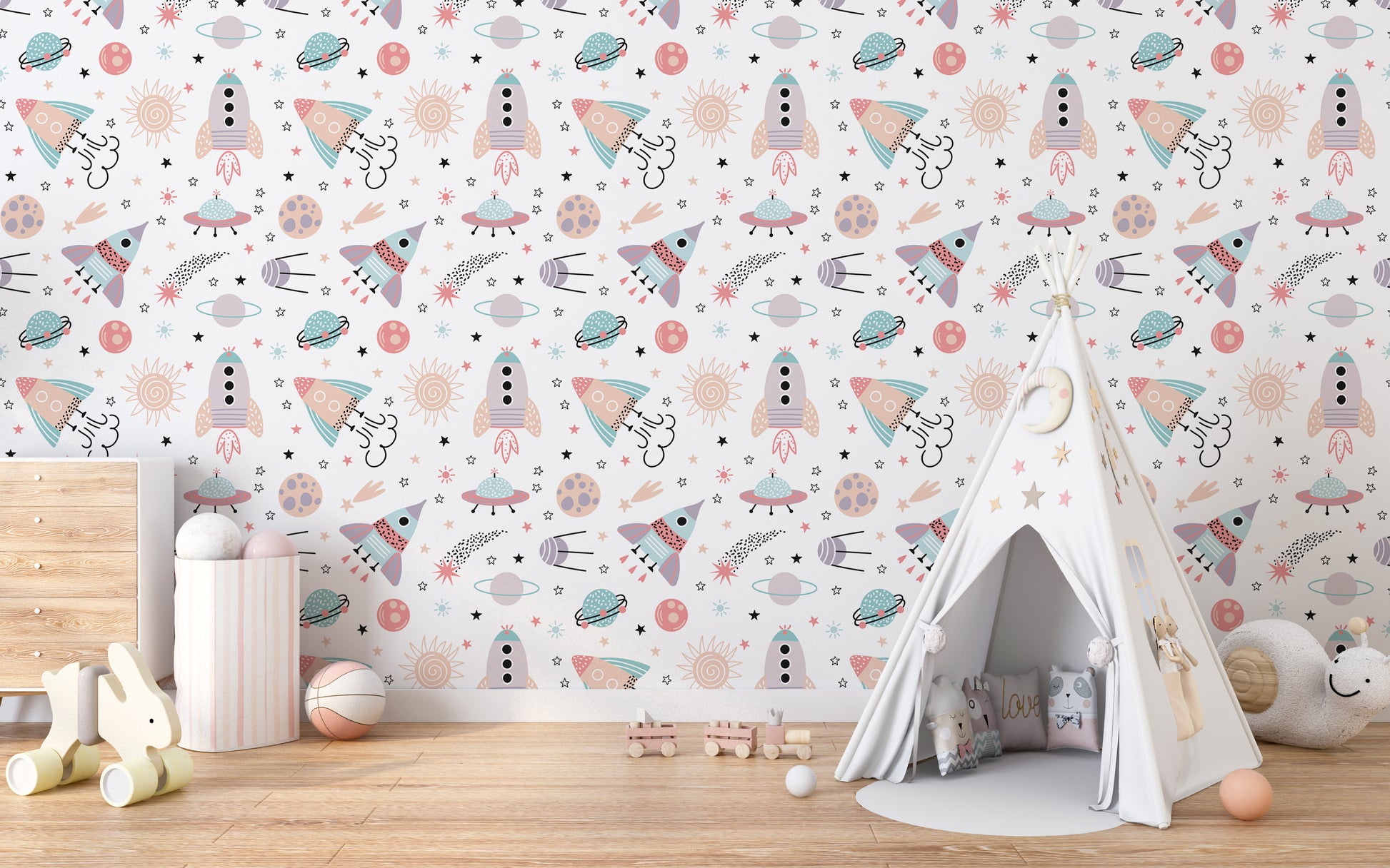 Kids’ space adventure wallpaper mural
