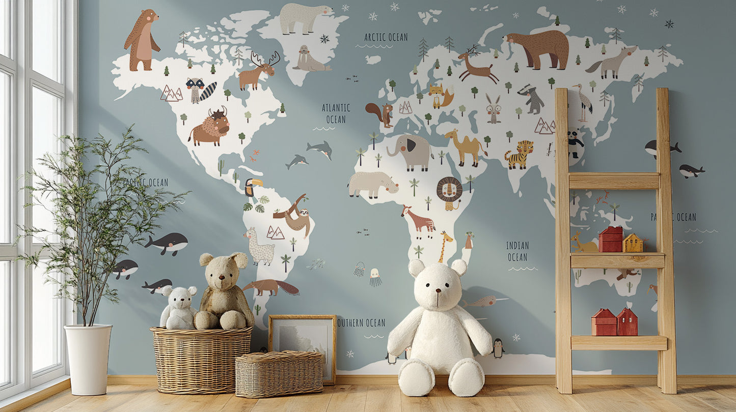 Wallpaper mural featuring a blue map with animal details
