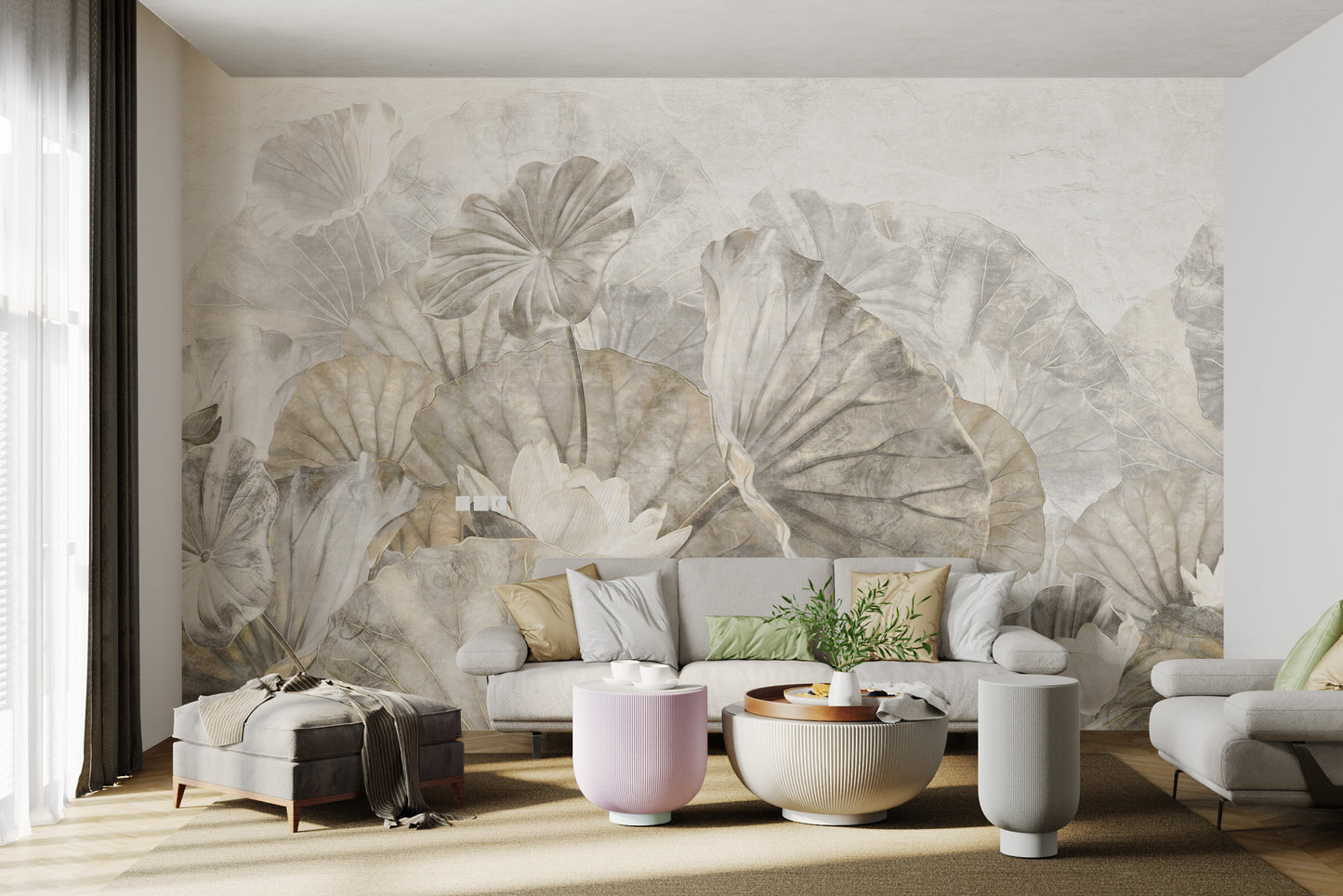 Muted Lotus Leaf Botanical Mural