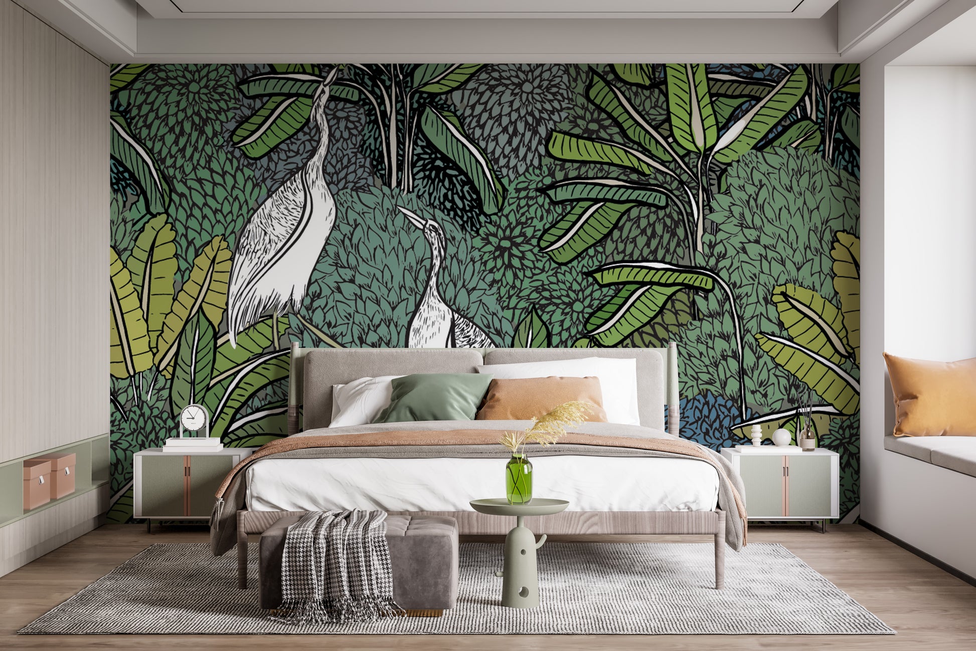 White cranes flying in mural wallpaper
