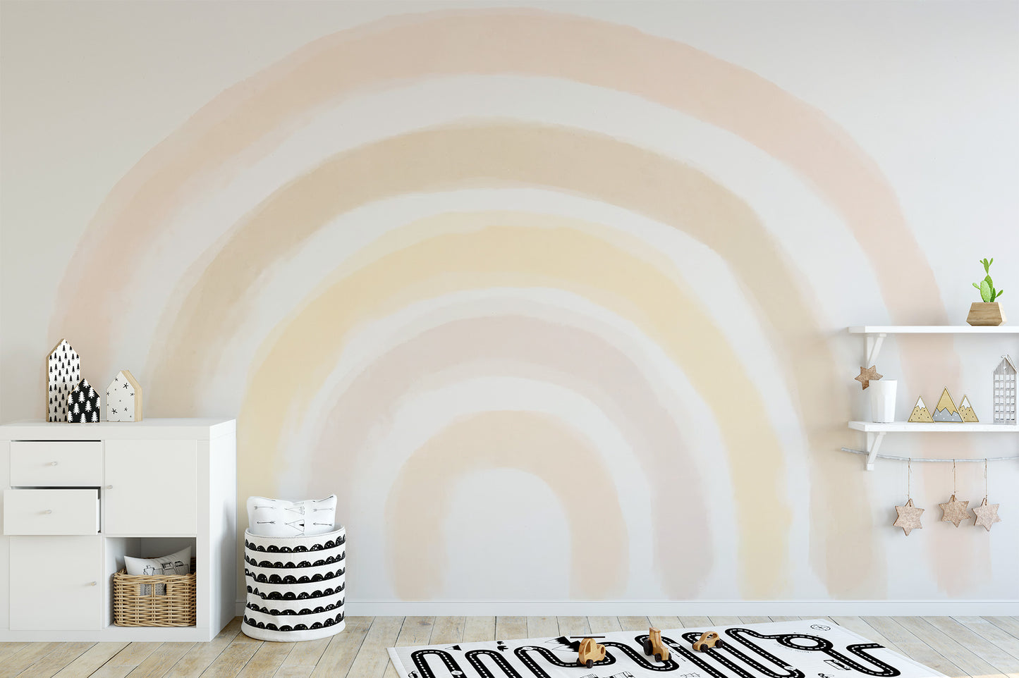 Warm-toned sunrise mural showcasing rainbow-like hues
