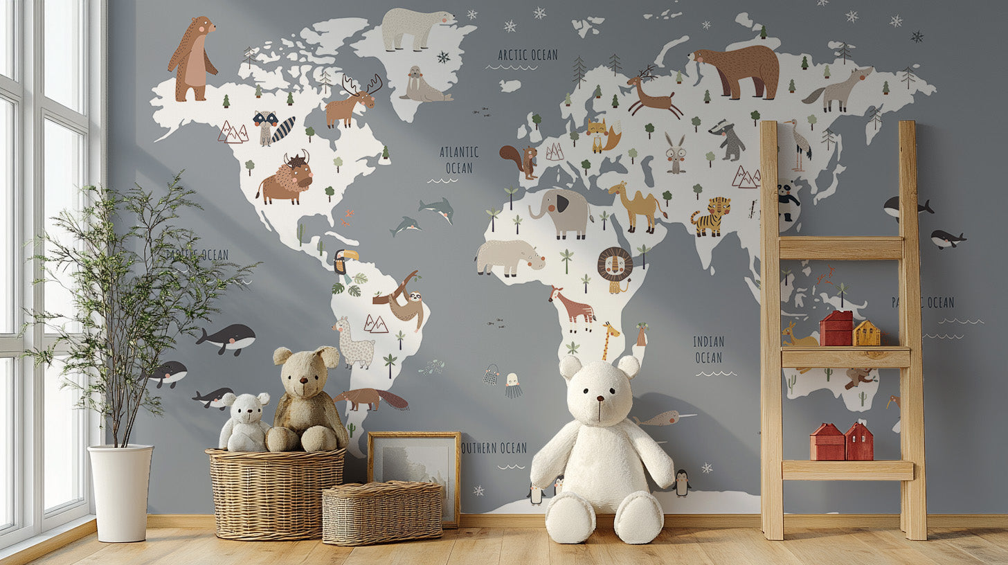 World map-inspired wallpaper for creative kids' spaces
