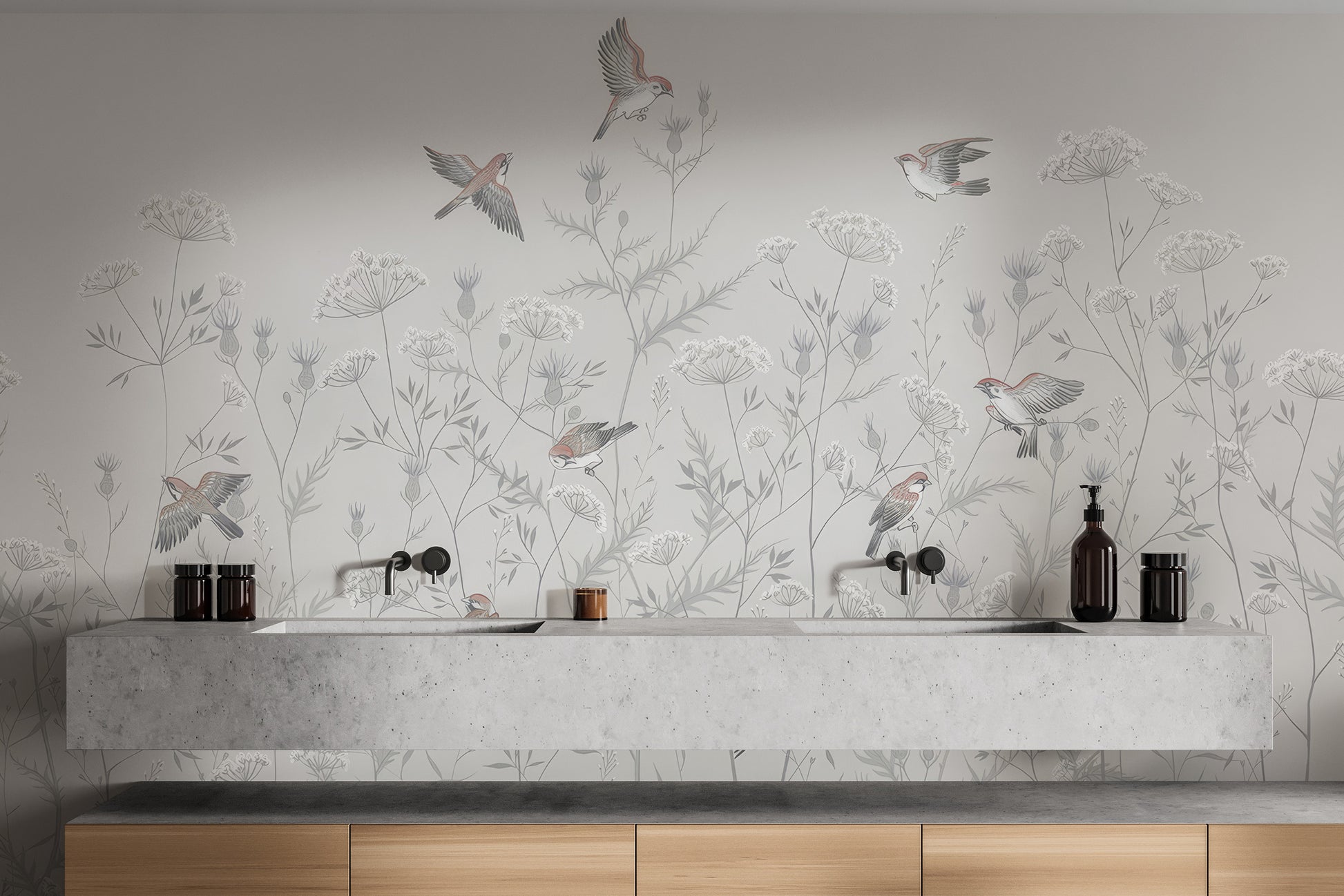 Temporary floral mural with whispering birds for serene rooms