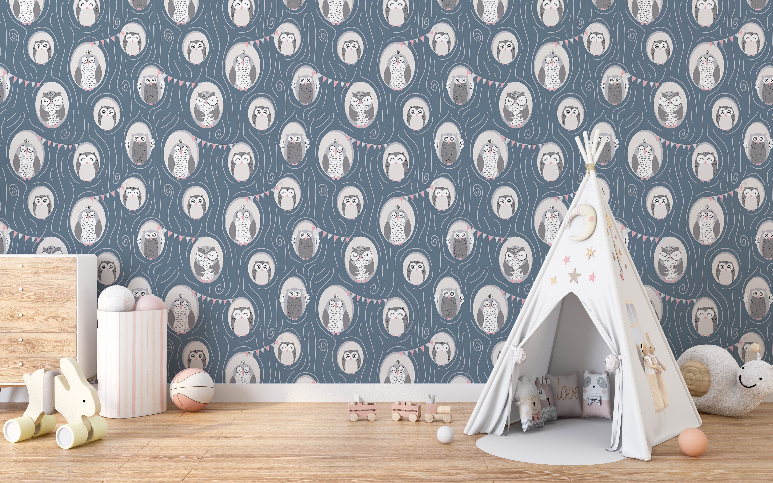 Artistic tree owl repeat wallpaper mural
