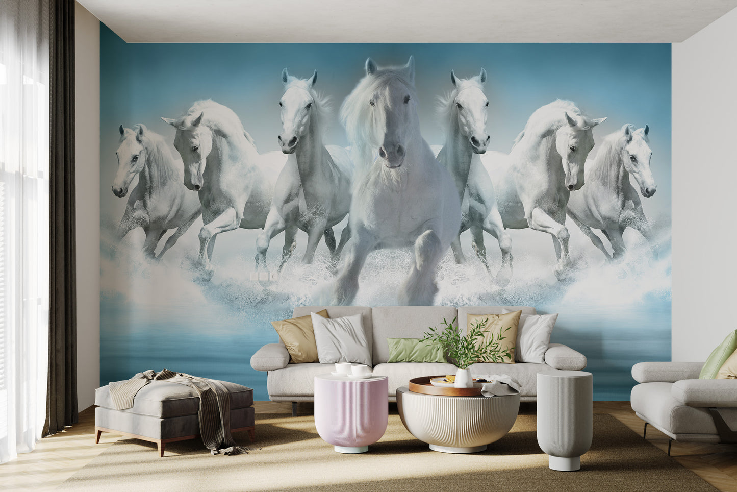 Seven horses run through water on a blue mural