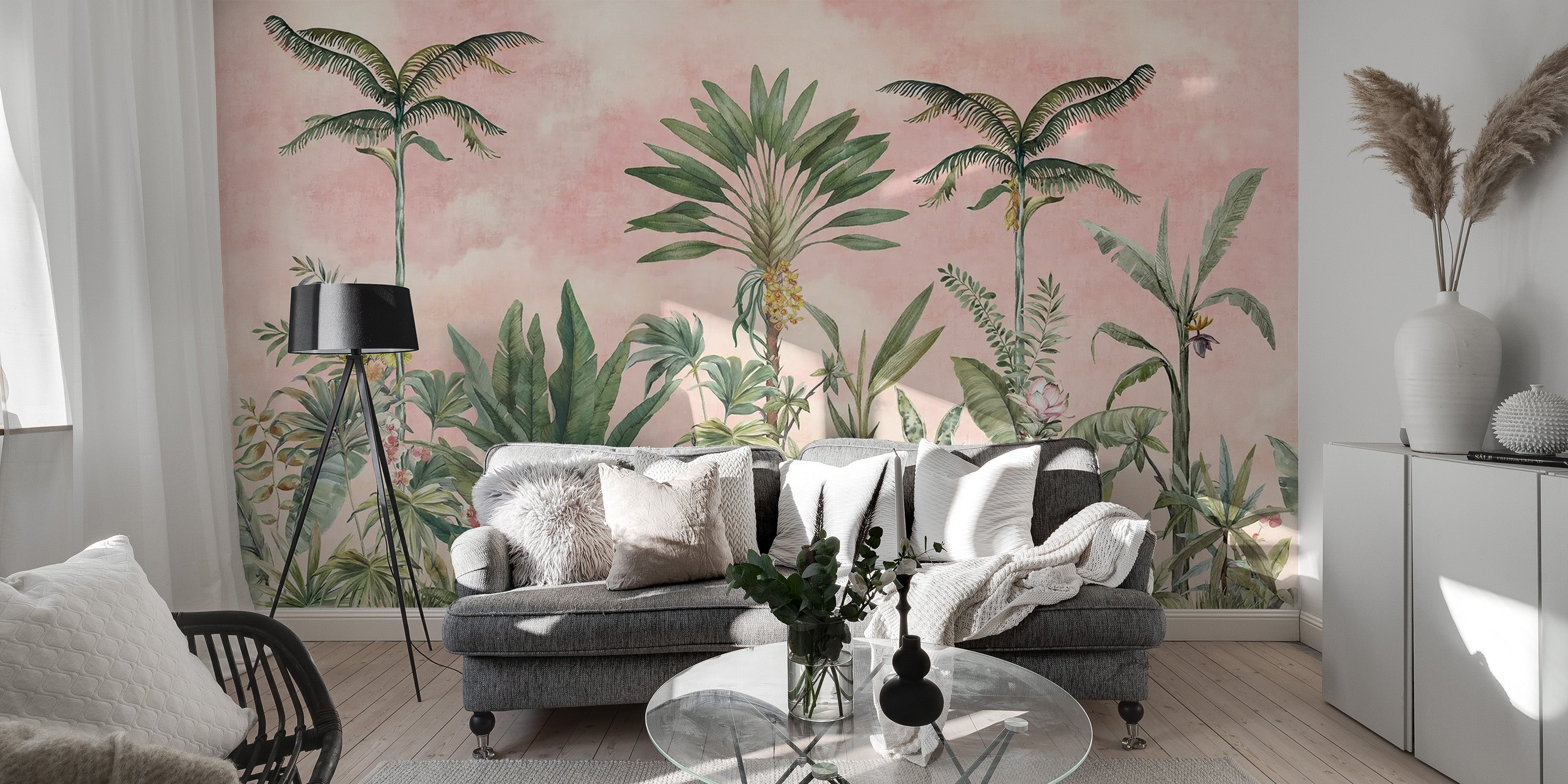 Sophisticated pink tropical mural for calming decor
