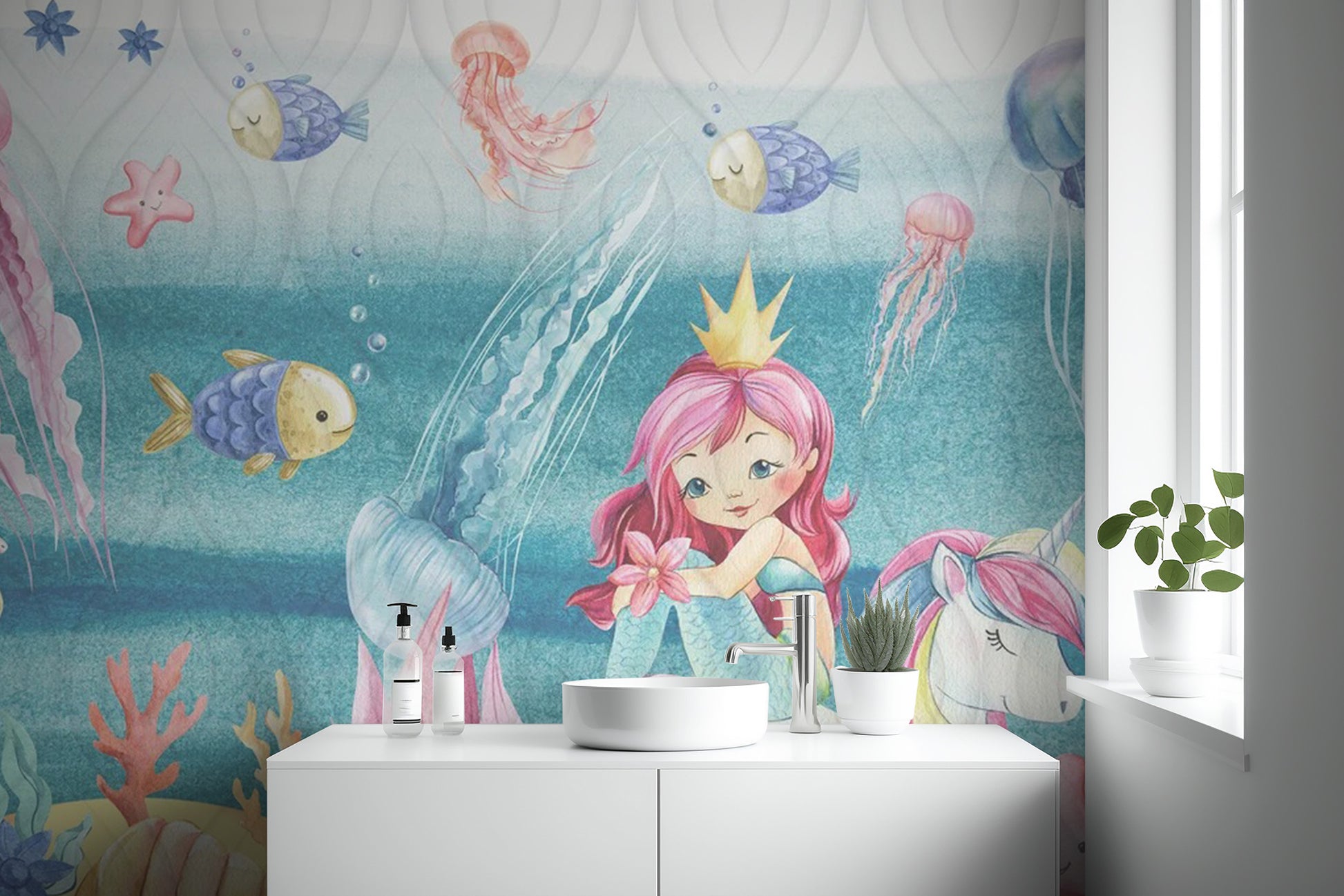 Enchanting mermaid kingdom mural for kids' rooms
