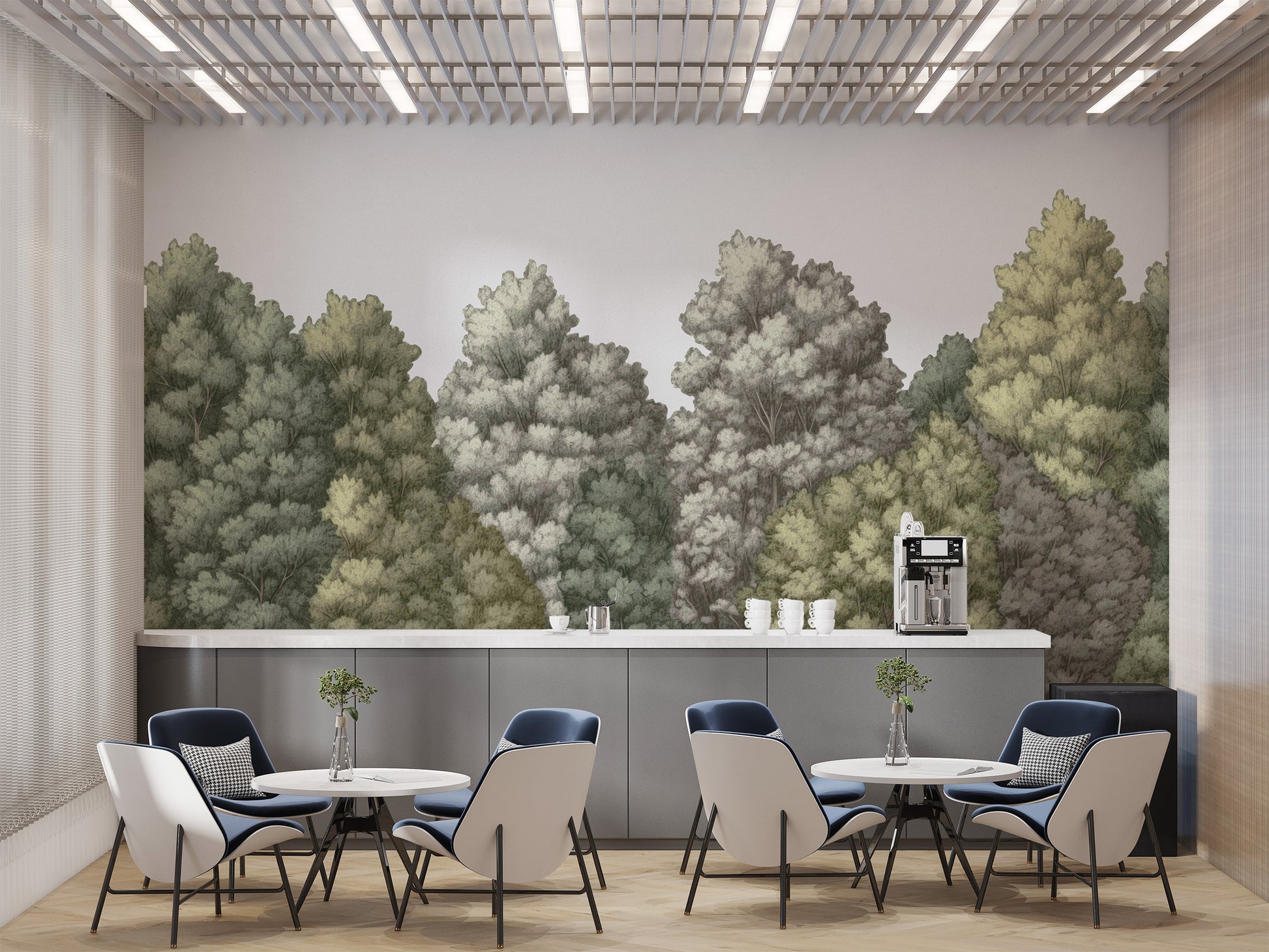 Green forest canopy wallpaper mural for calming spaces
