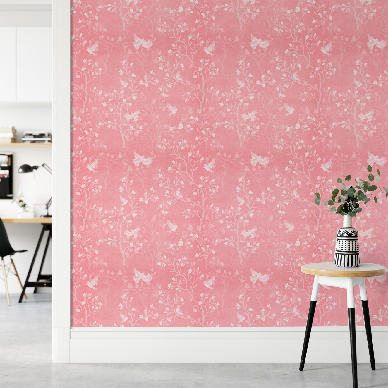 Pink Color Chinoiserie Pattern Magnolia Tree Birds Wallpaper