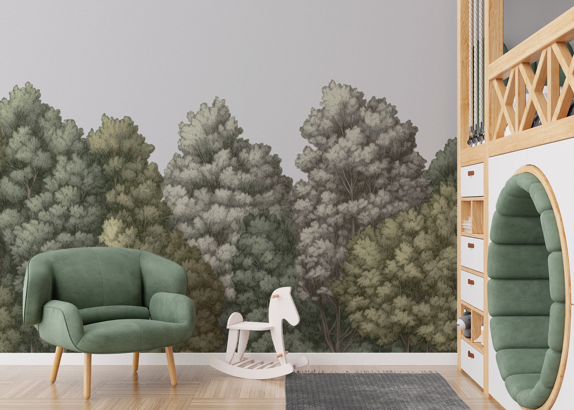 Peaceful forest canopy mural for serene wall decor
