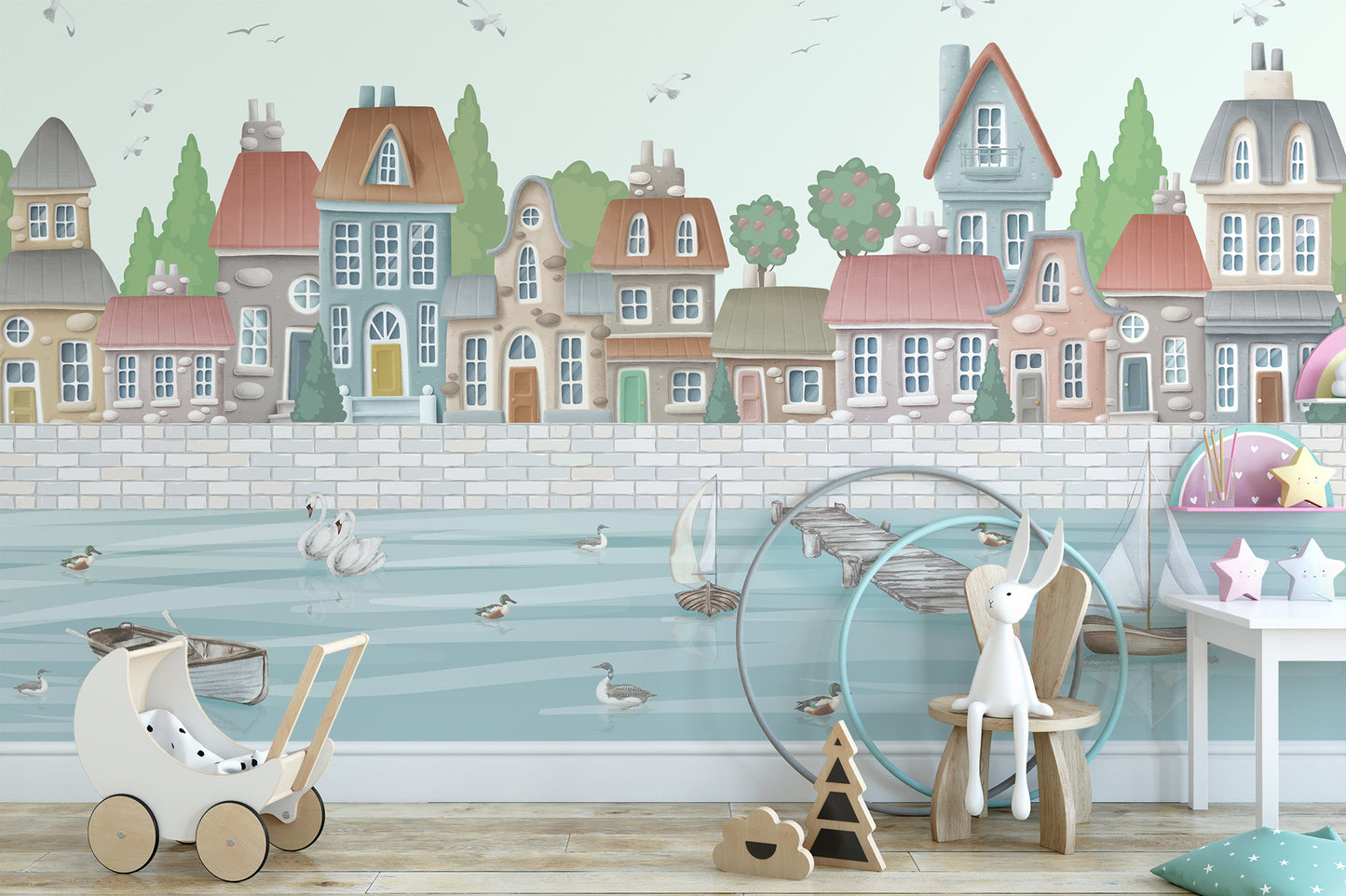 Coastal Village Wall Mural Design