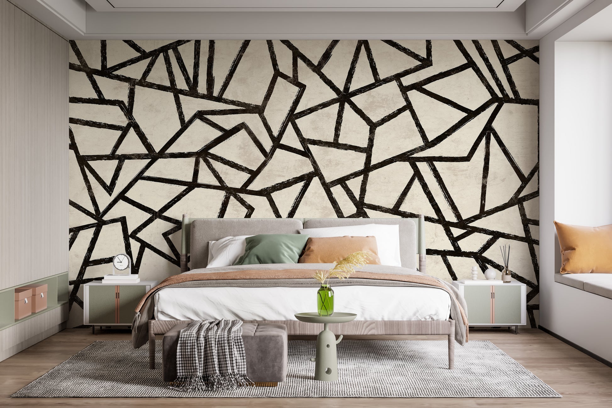 Bold black geometric pattern in a modern wallpaper mural.
